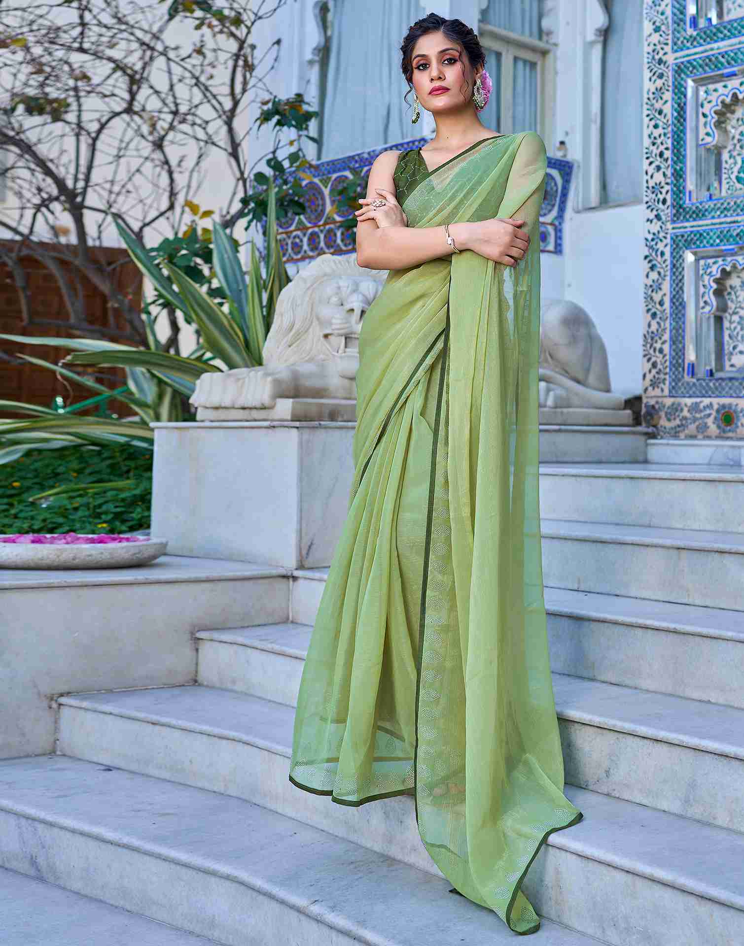 Pista Green Chiffon Stone Work Plain Saree