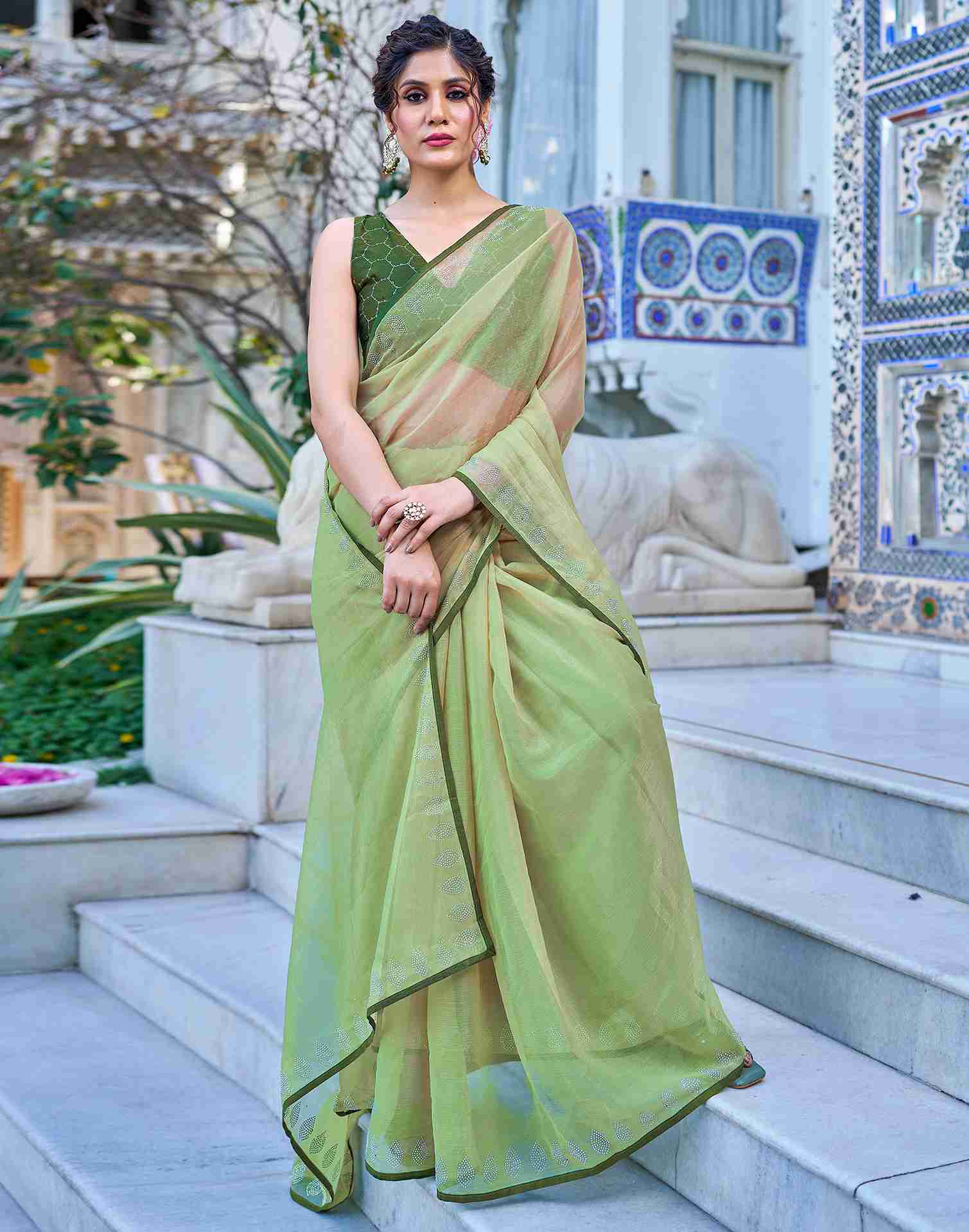 Pista Green Chiffon Stone Work Plain Saree