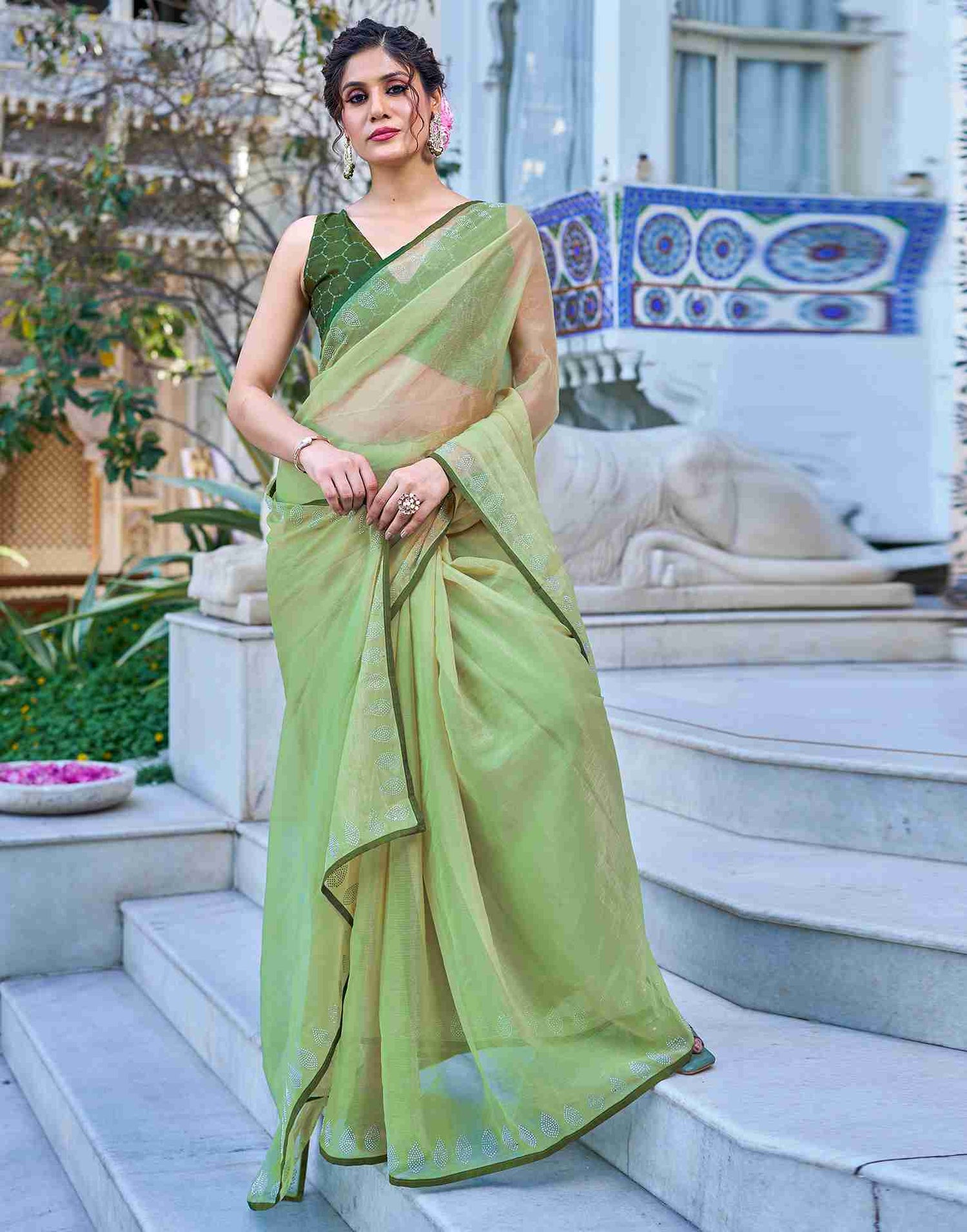 Pista Green Chiffon Stone Work Plain Saree