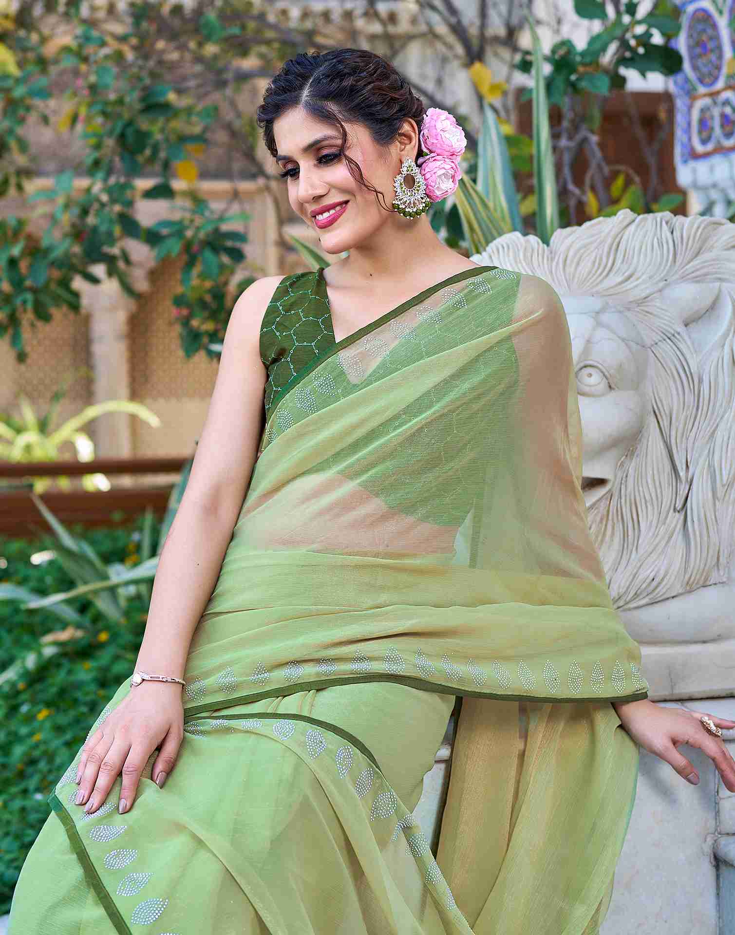 Pista Green Chiffon Stone Work Plain Saree