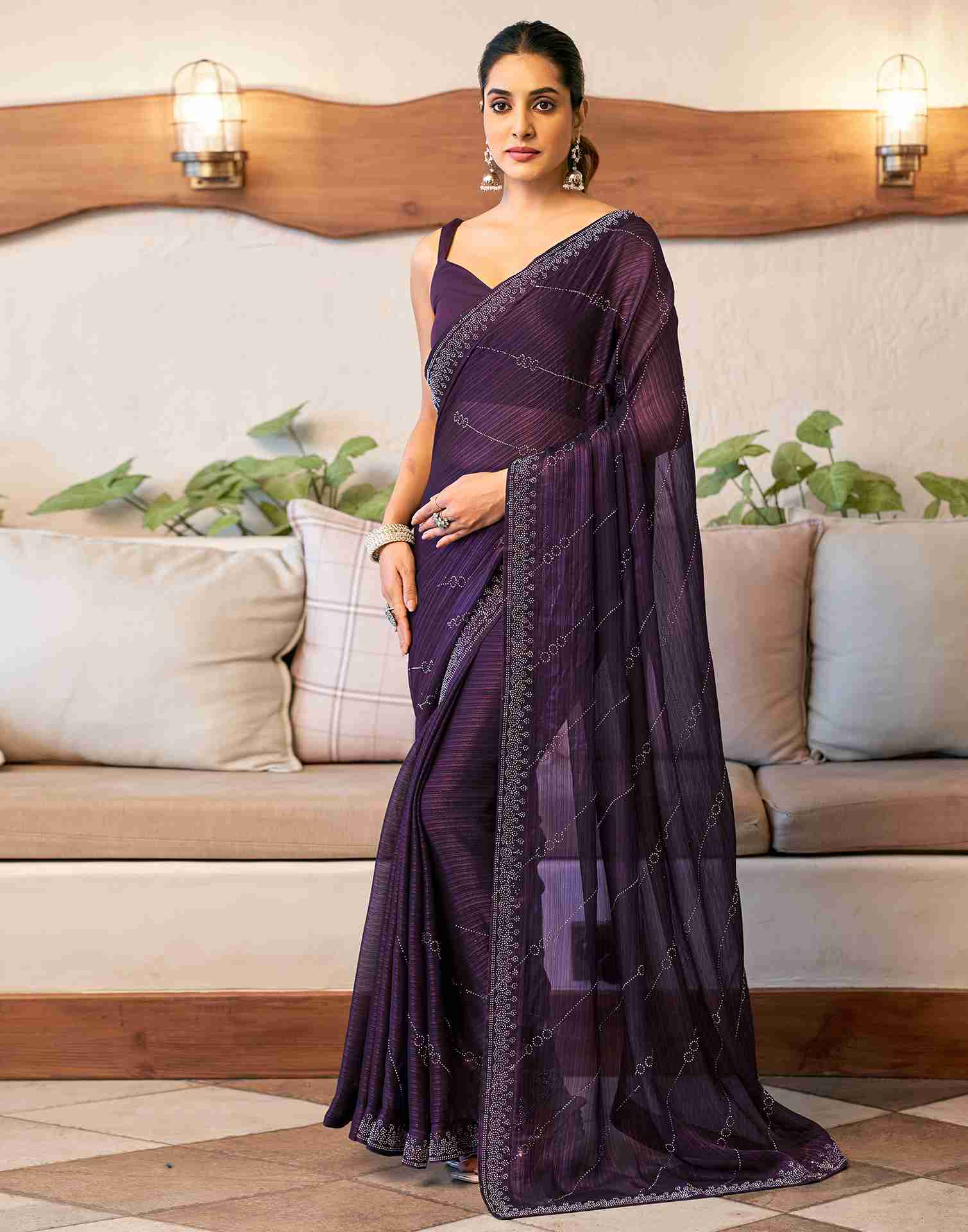 Deep Purple Chiffon Stone Work Swarovski Saree