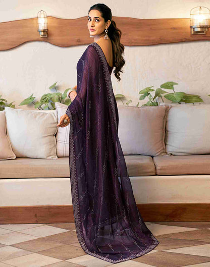 Deep Purple Chiffon Stone Work Swarovski Saree