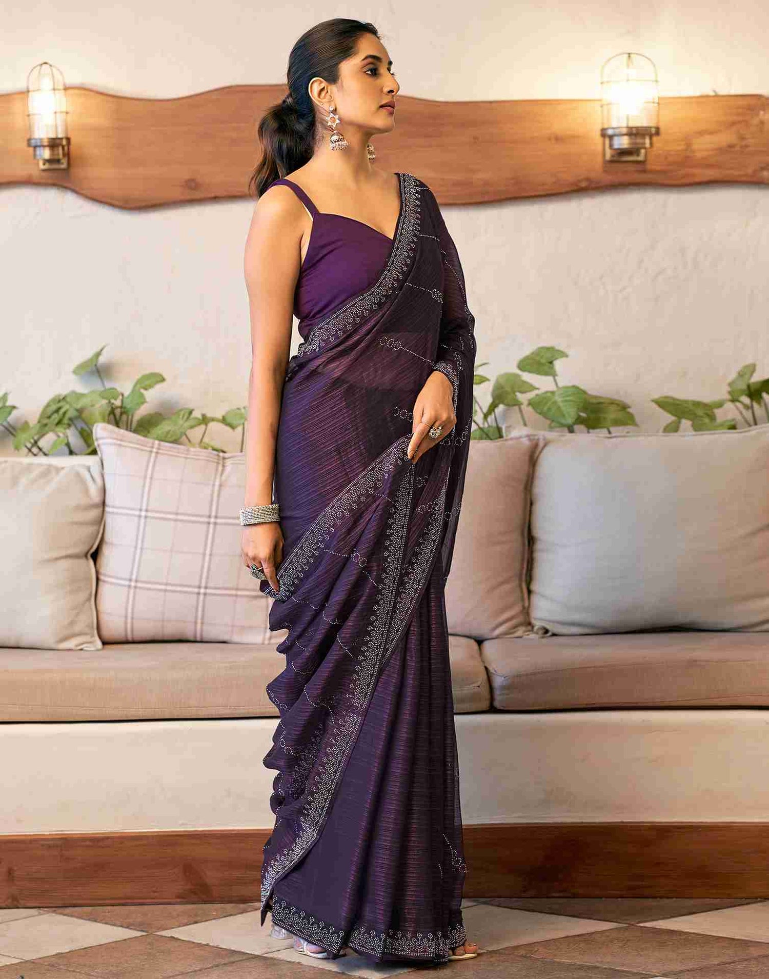 Deep Purple Chiffon Stone Work Swarovski Saree