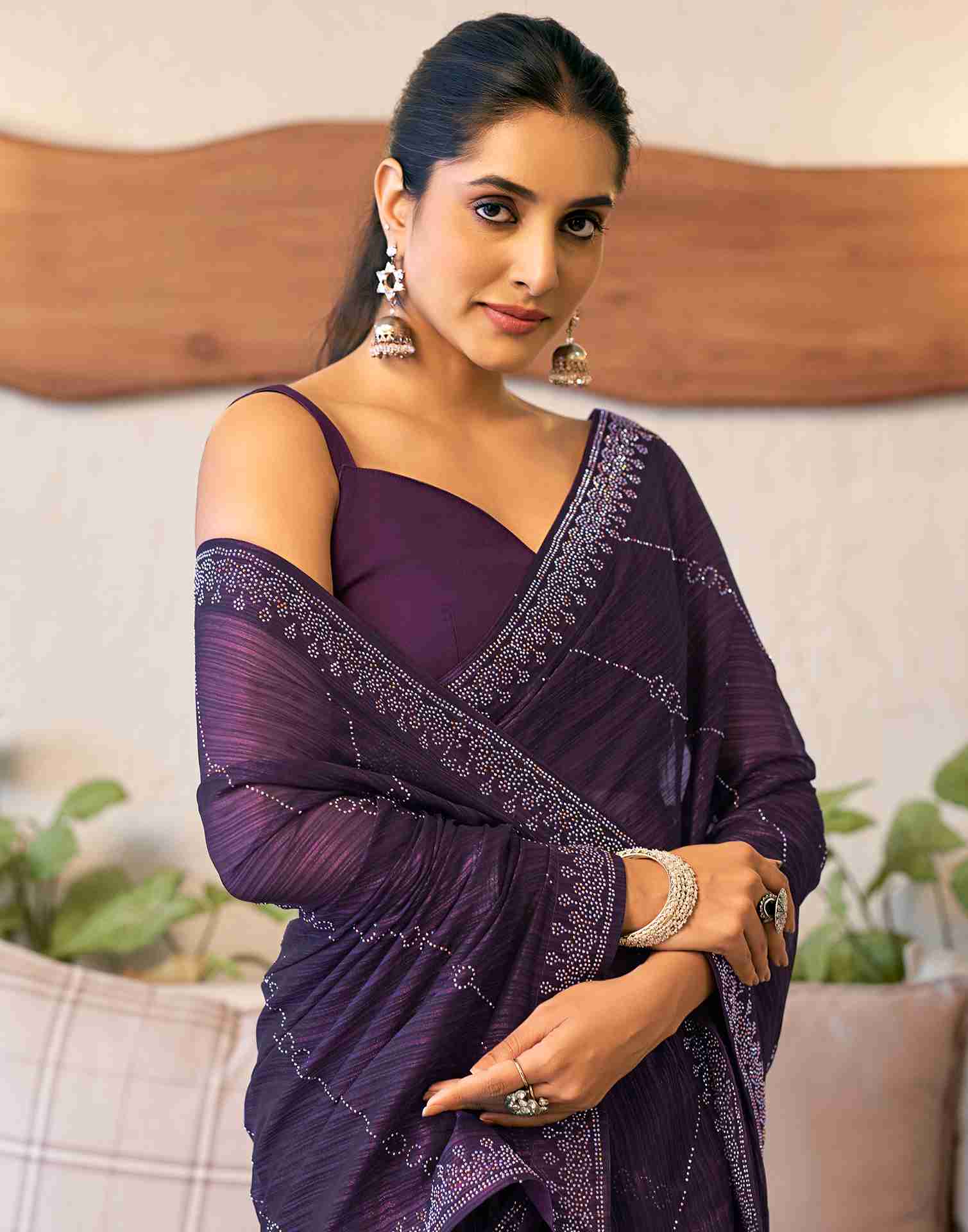 Deep Purple Chiffon Stone Work Swarovski Saree