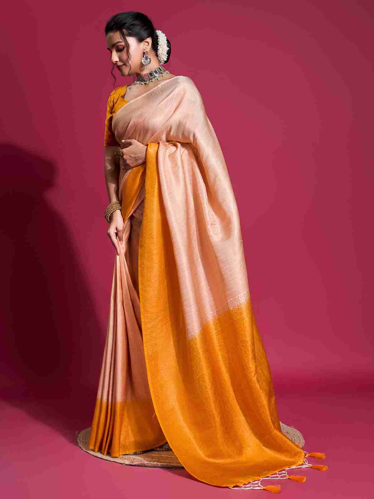 Cream Silk Plain Saree