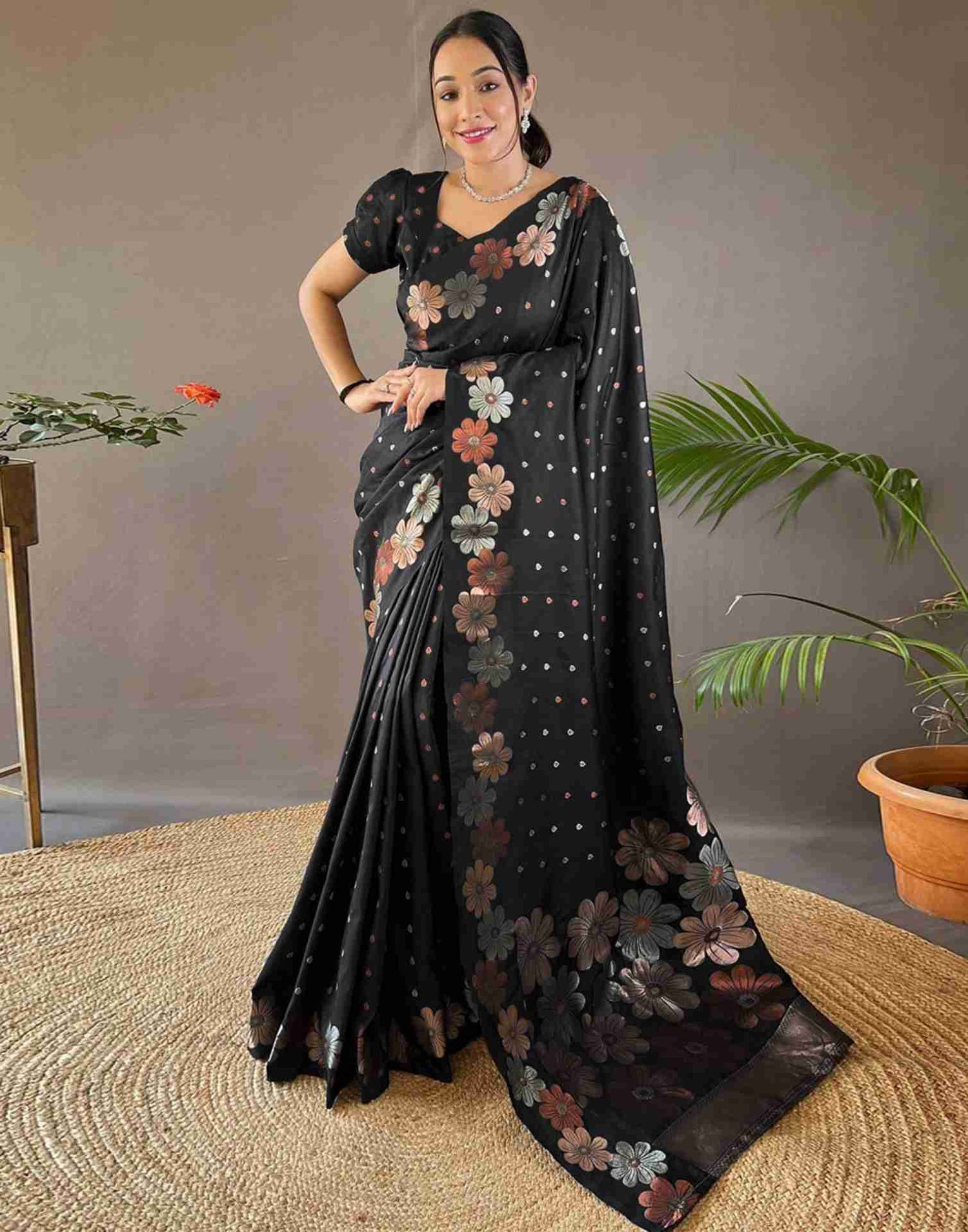 Black Floral Silk Woven Saree