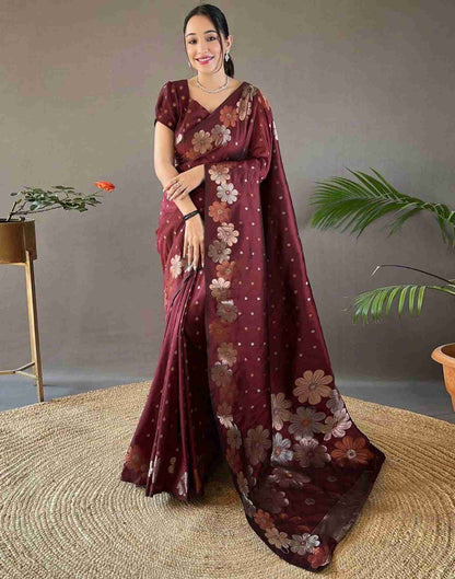 Maroon Floral Silk Woven Saree