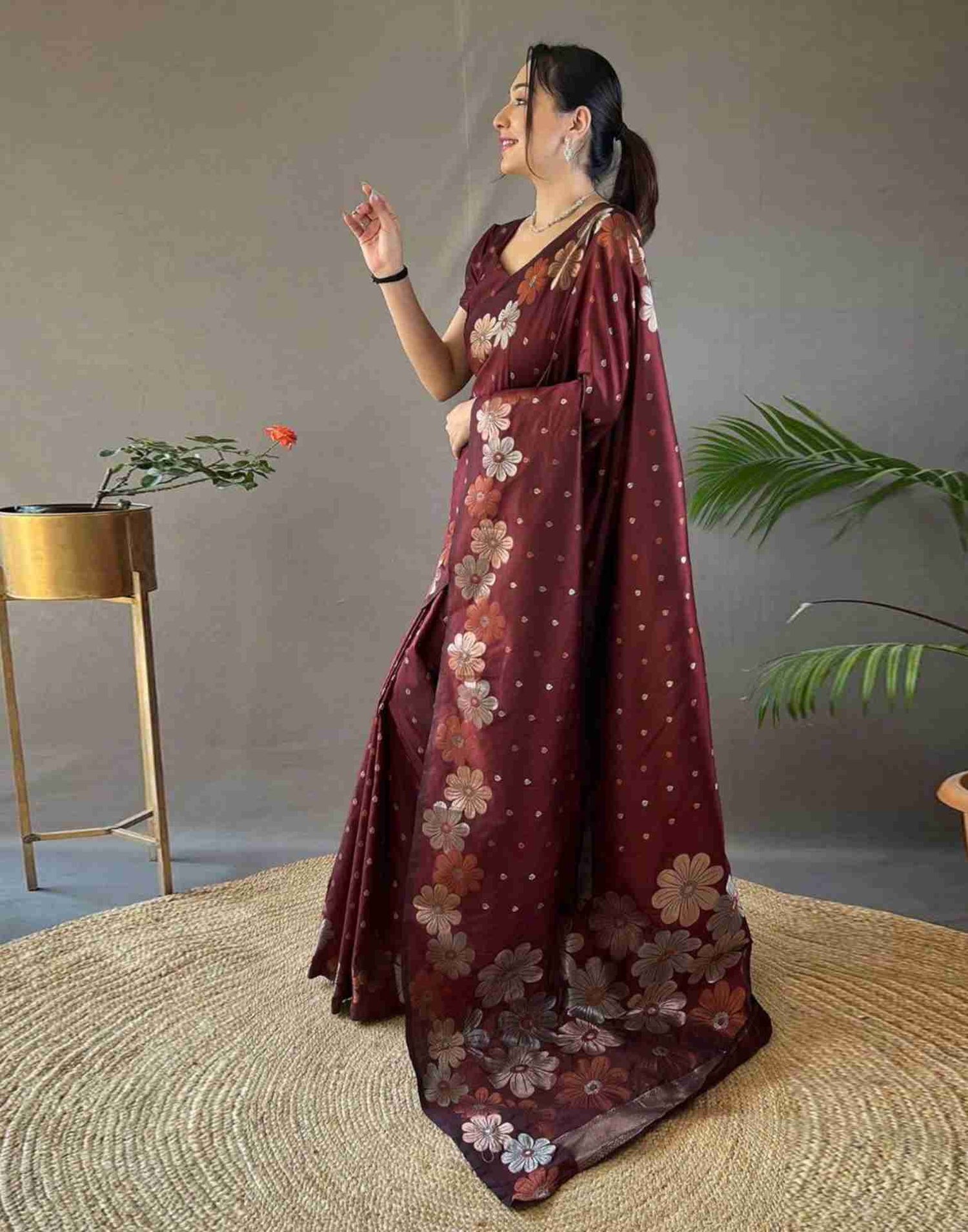 Maroon Floral Silk Woven Saree