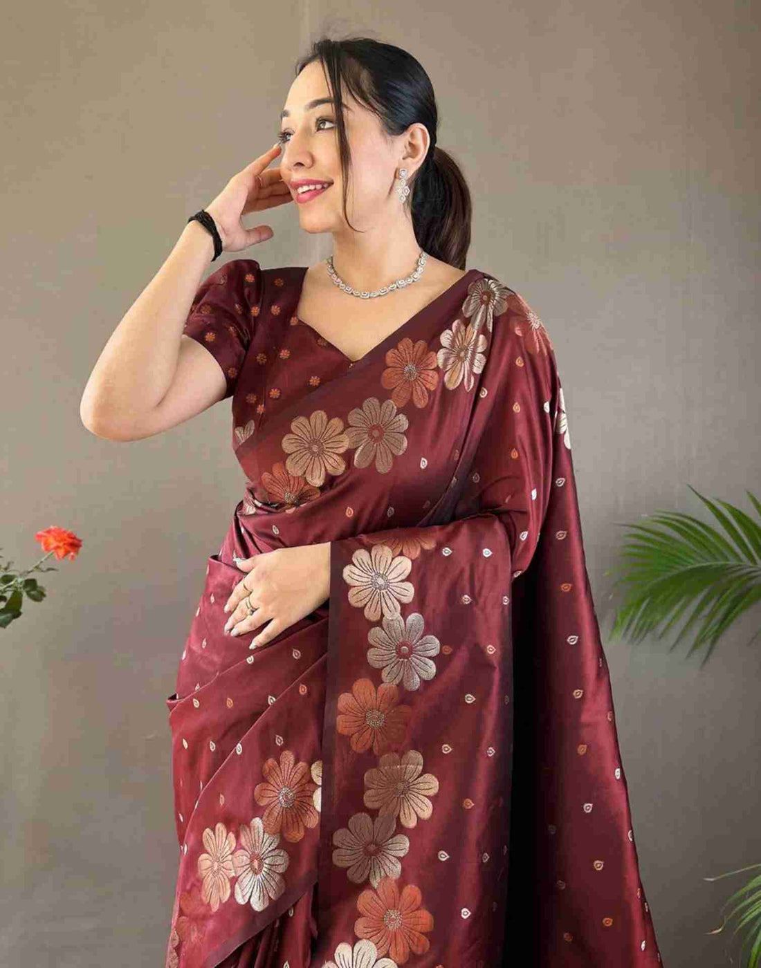 Maroon Floral Silk Woven Saree