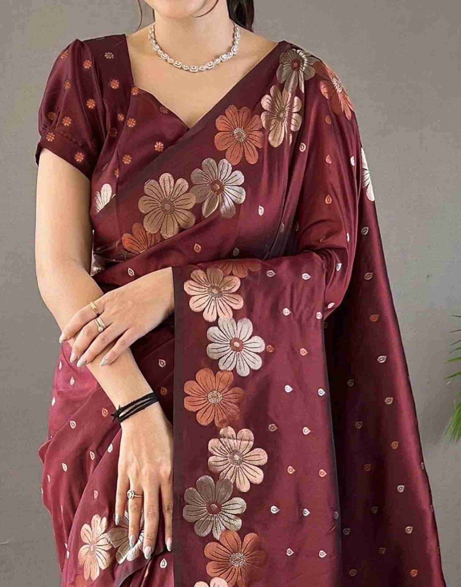 Maroon Floral Silk Woven Saree