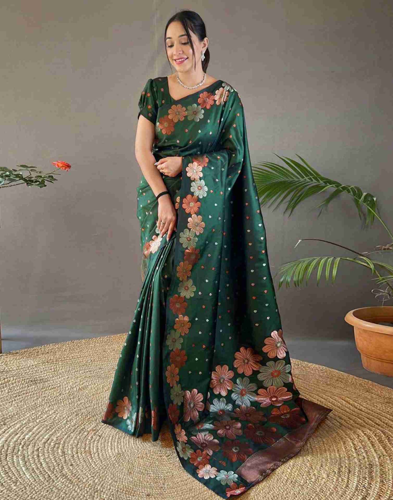 Green Floral Silk Woven Saree