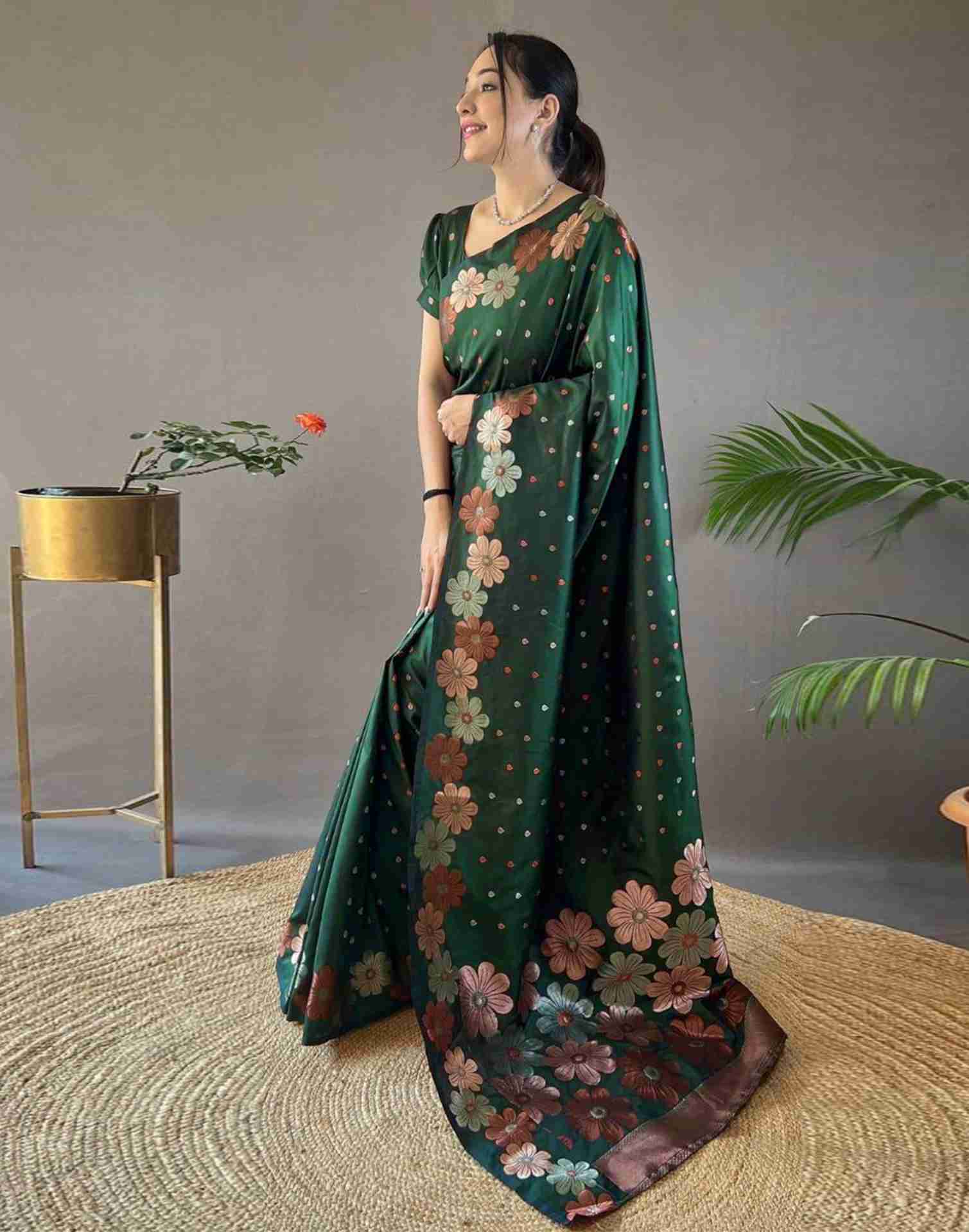 Green Floral Silk Woven Saree