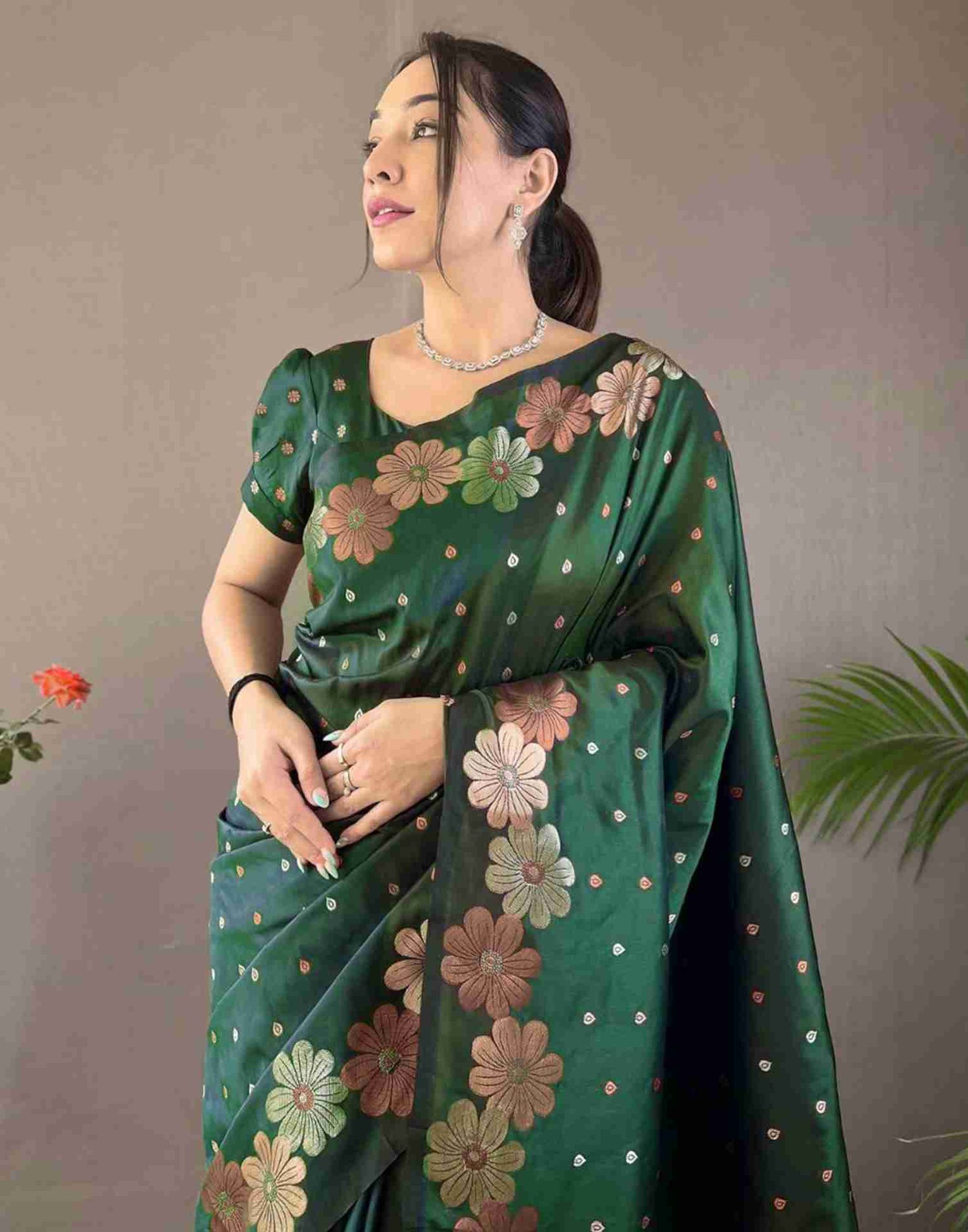 Green Floral Silk Woven Saree