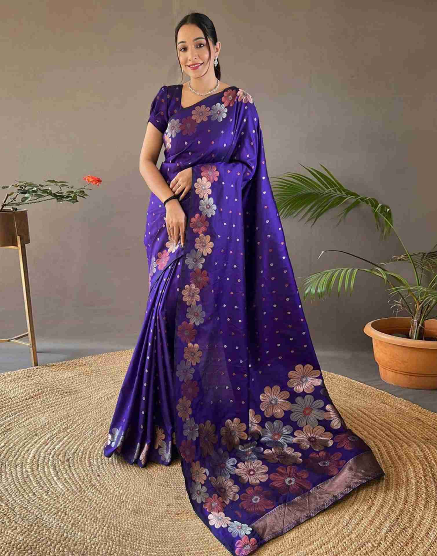 Violet Floral Silk Woven Saree