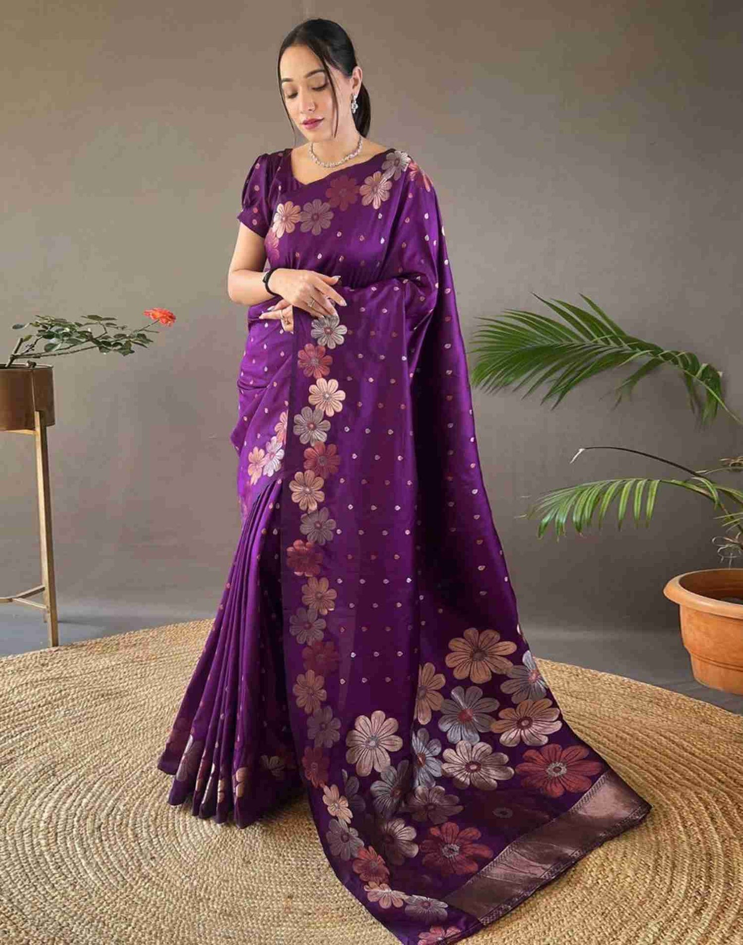 Purple Floral Silk Woven Saree