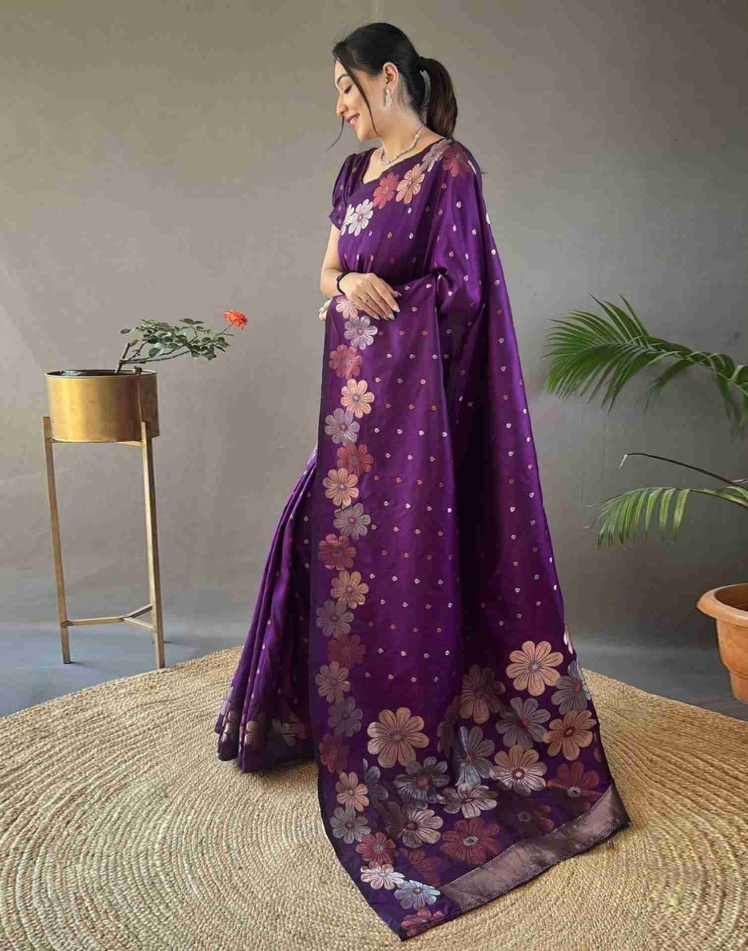 Purple Floral Silk Woven Saree