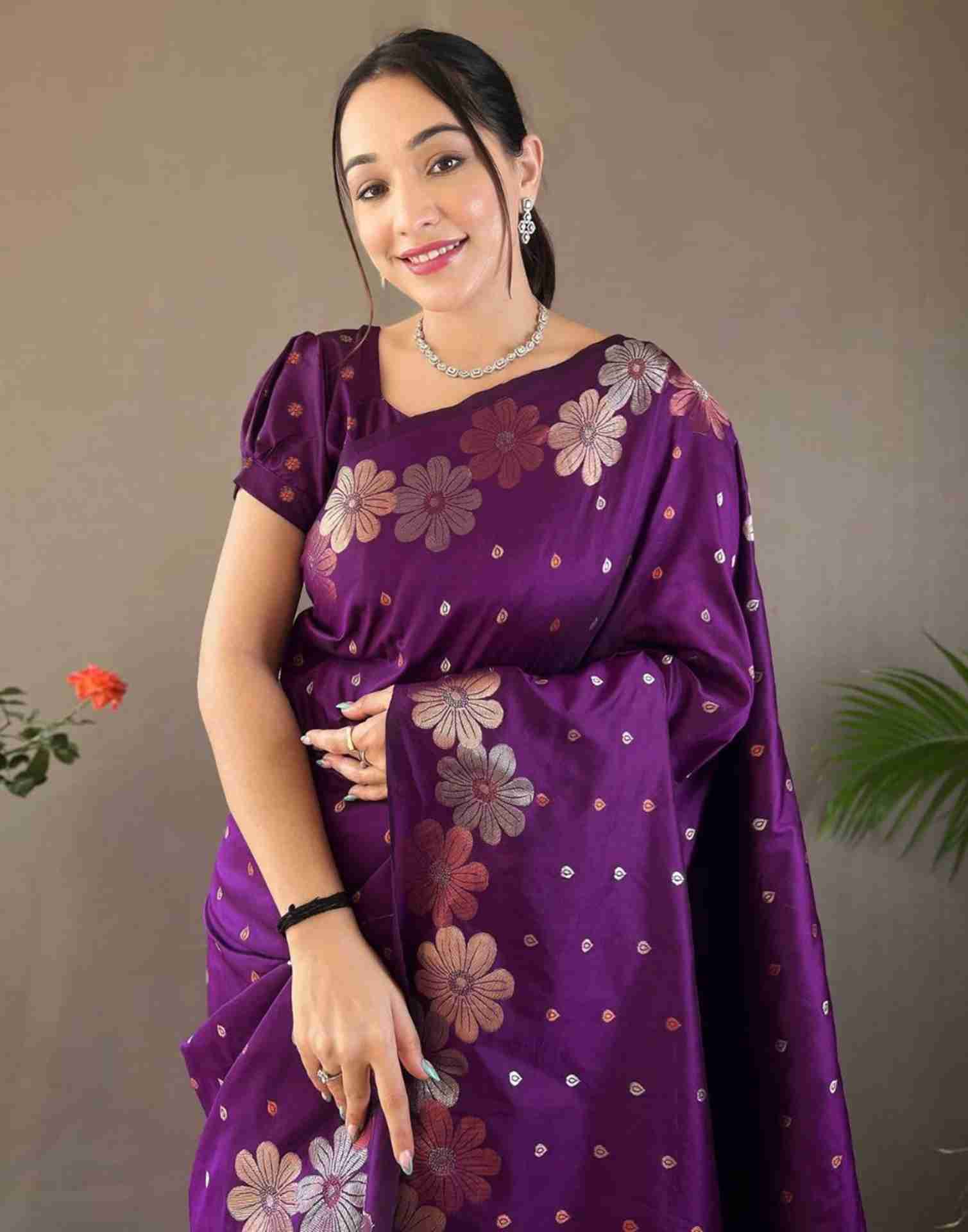 Purple Floral Silk Woven Saree