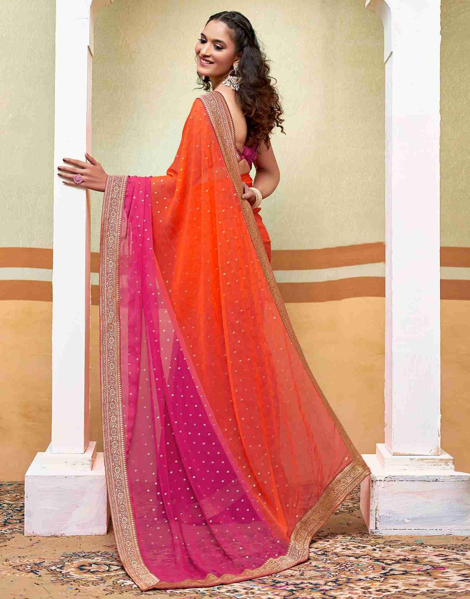 Orange Georgette Plain Saree