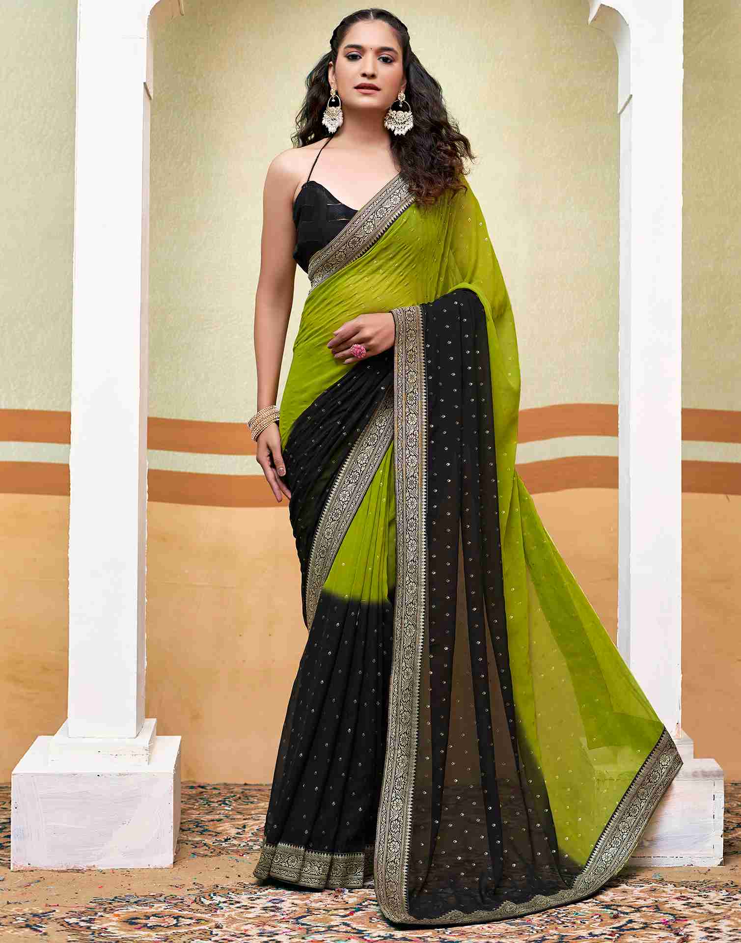 Green Georgette Plain Saree