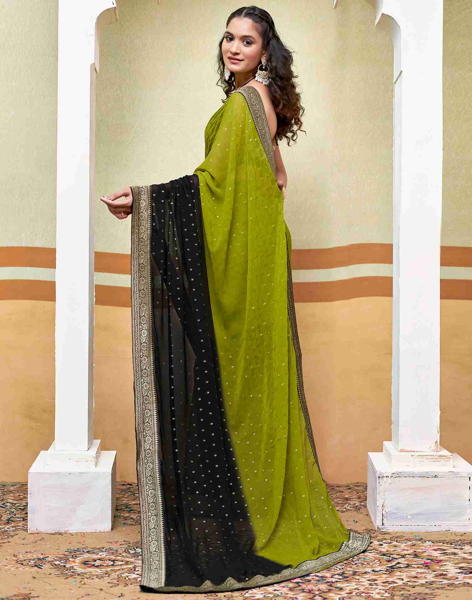 Green Georgette Plain Saree