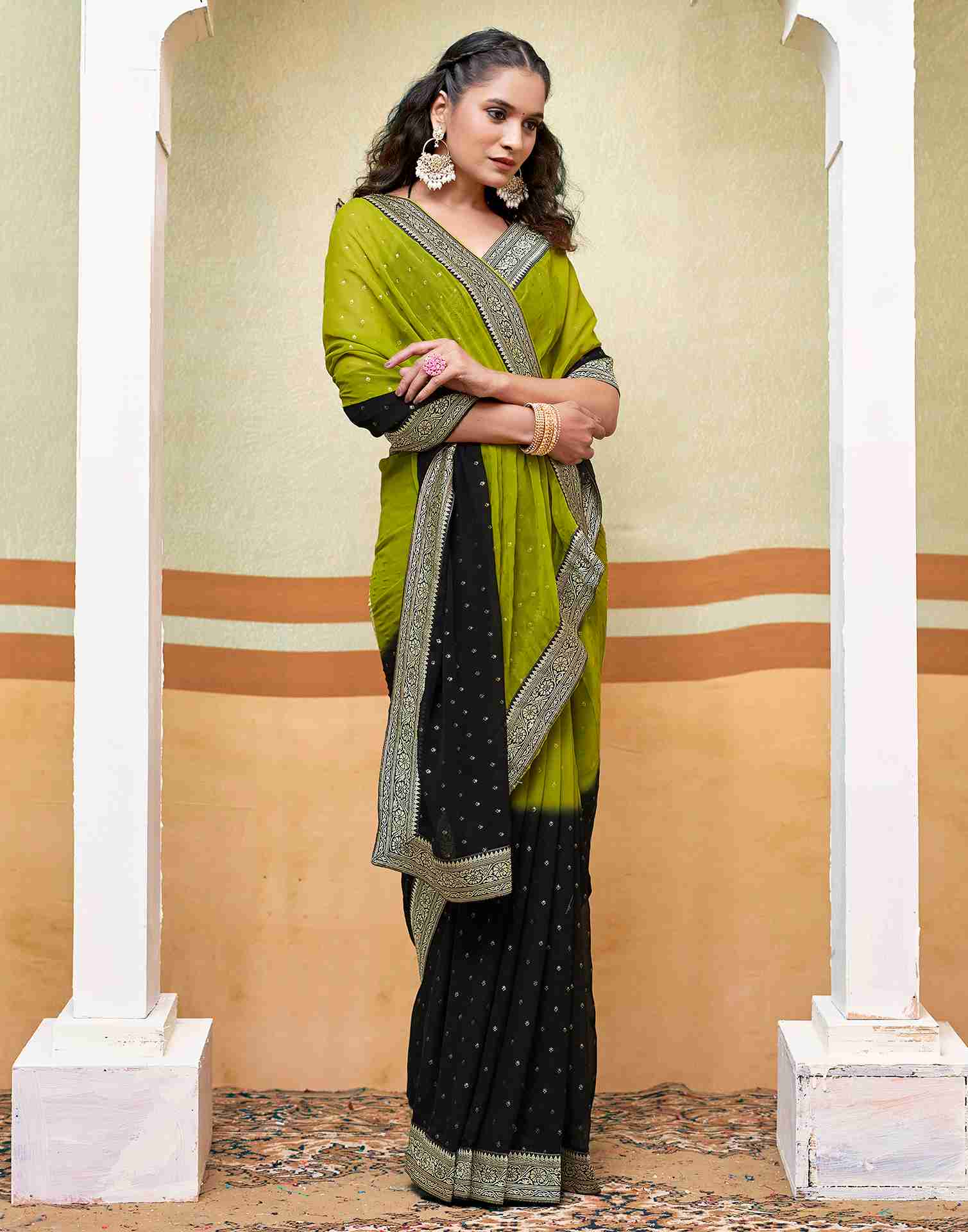 Green Georgette Plain Saree