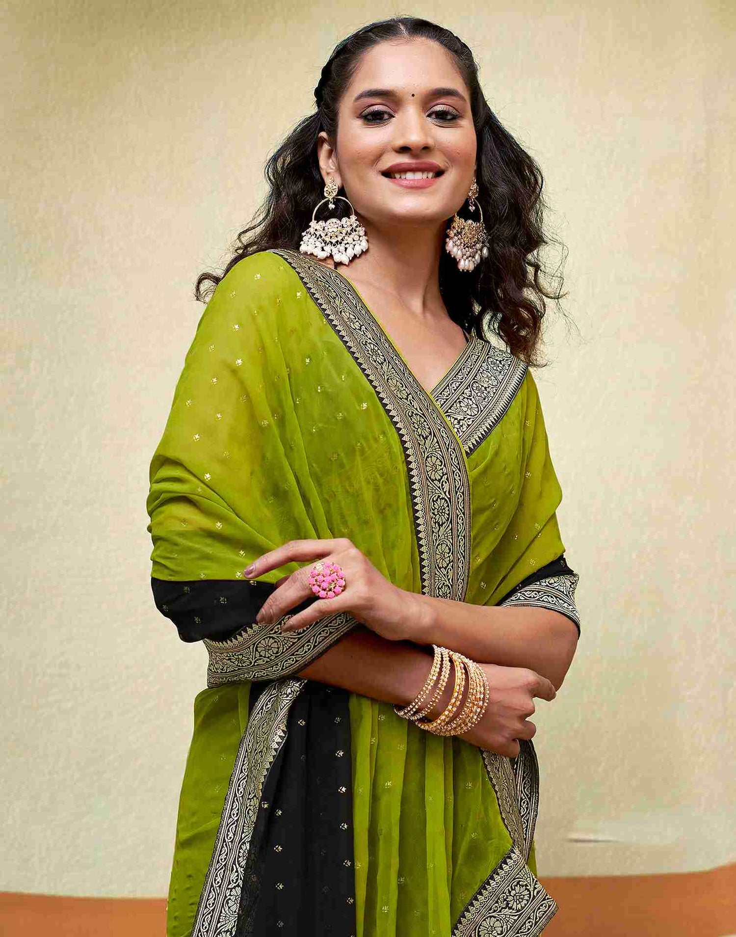 Green Georgette Plain Saree