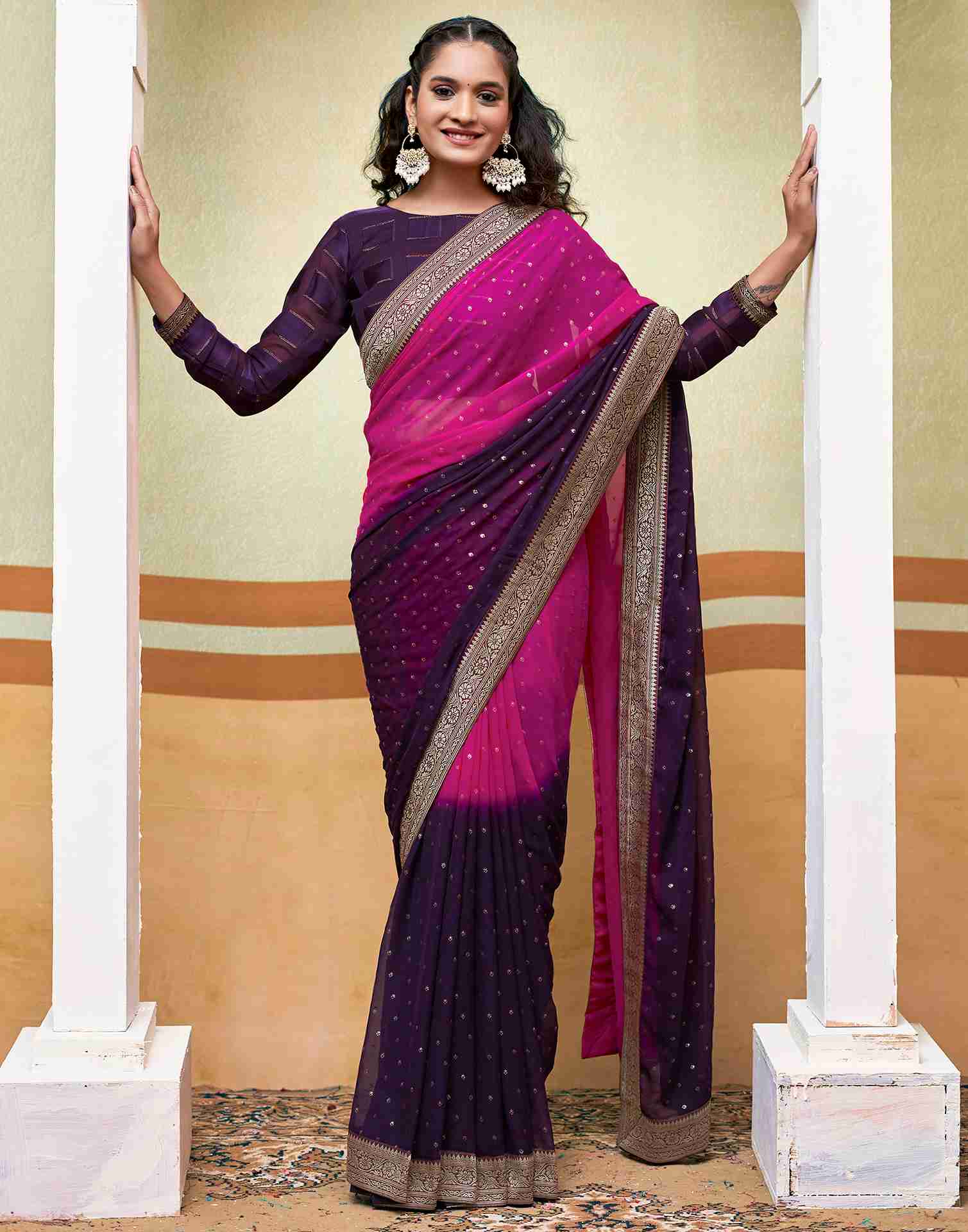 Pink Georgette Plain Saree