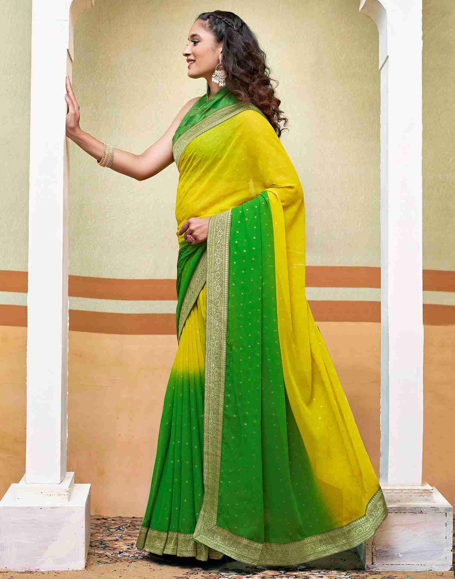 Yellow Georgette Plain Saree