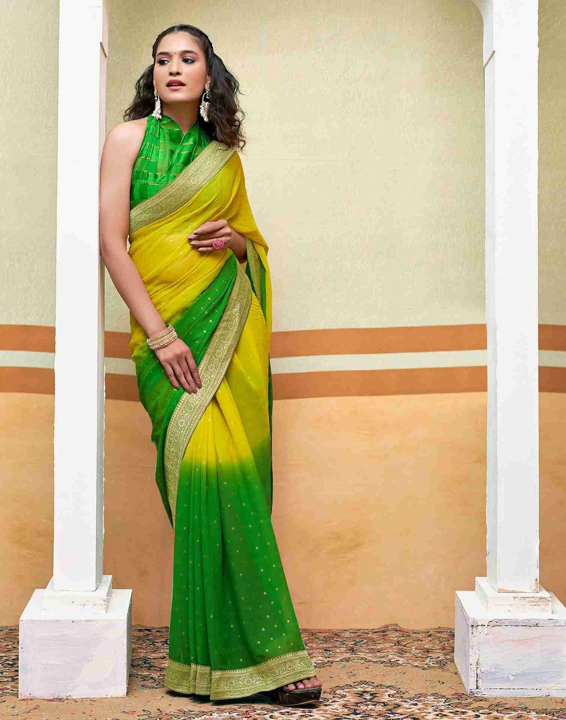 Yellow Georgette Plain Saree