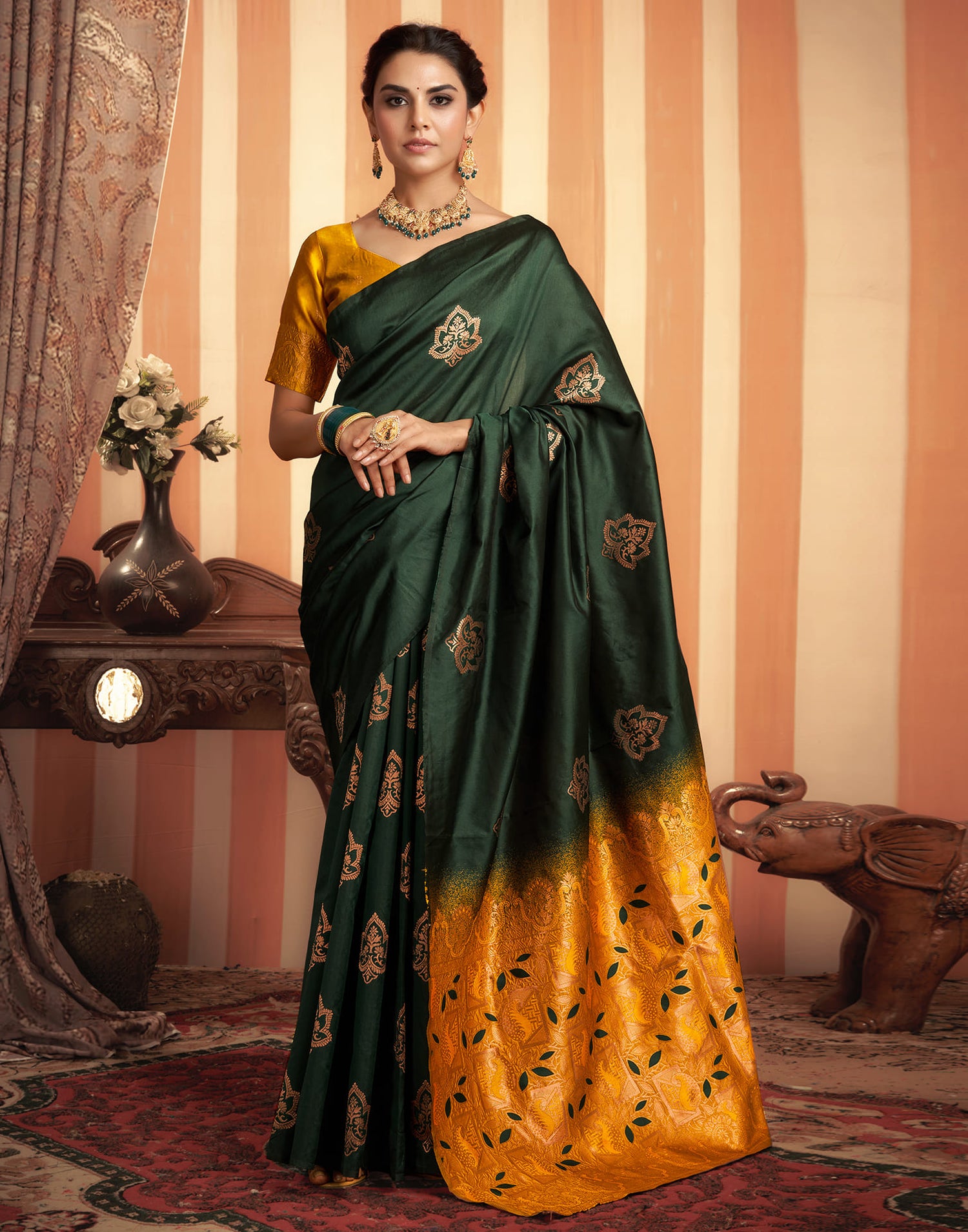 Green And Yellow Silk Weaving Saree