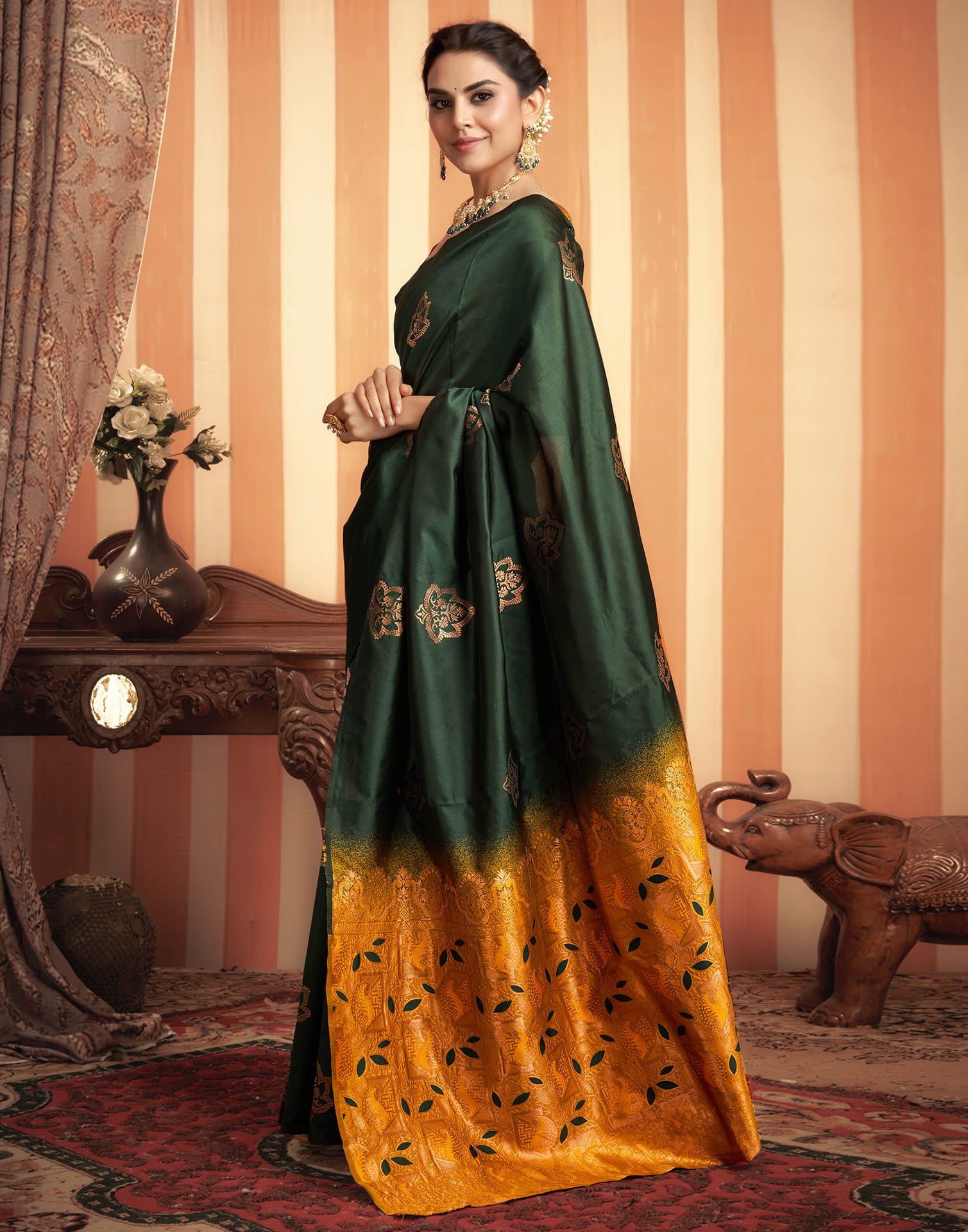 Green And Yellow Silk Weaving Saree