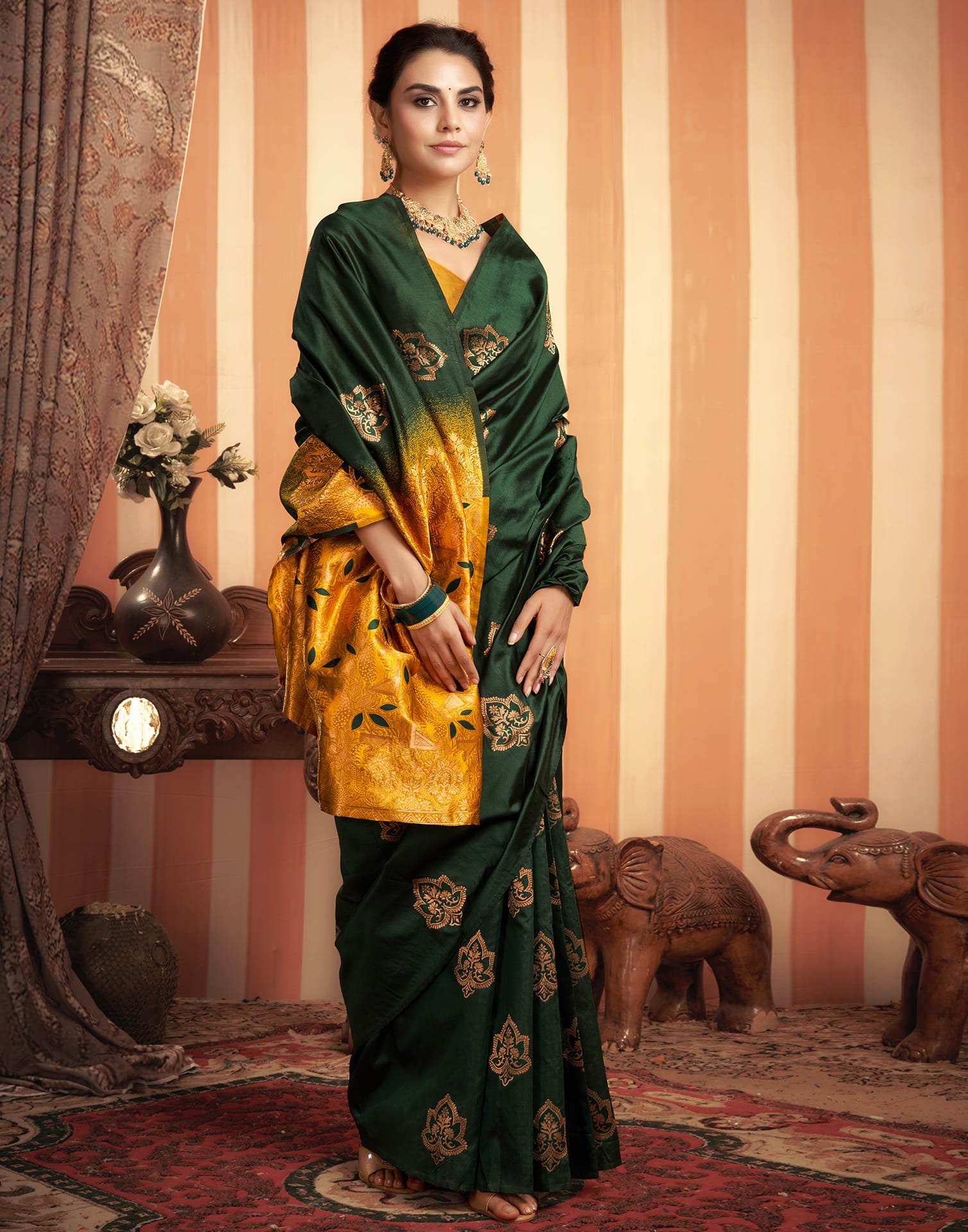 Green And Yellow Silk Weaving Saree