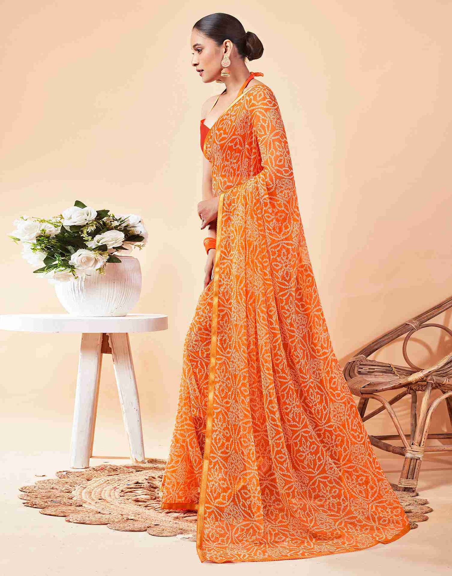 Orange Chiffon Printed Saree