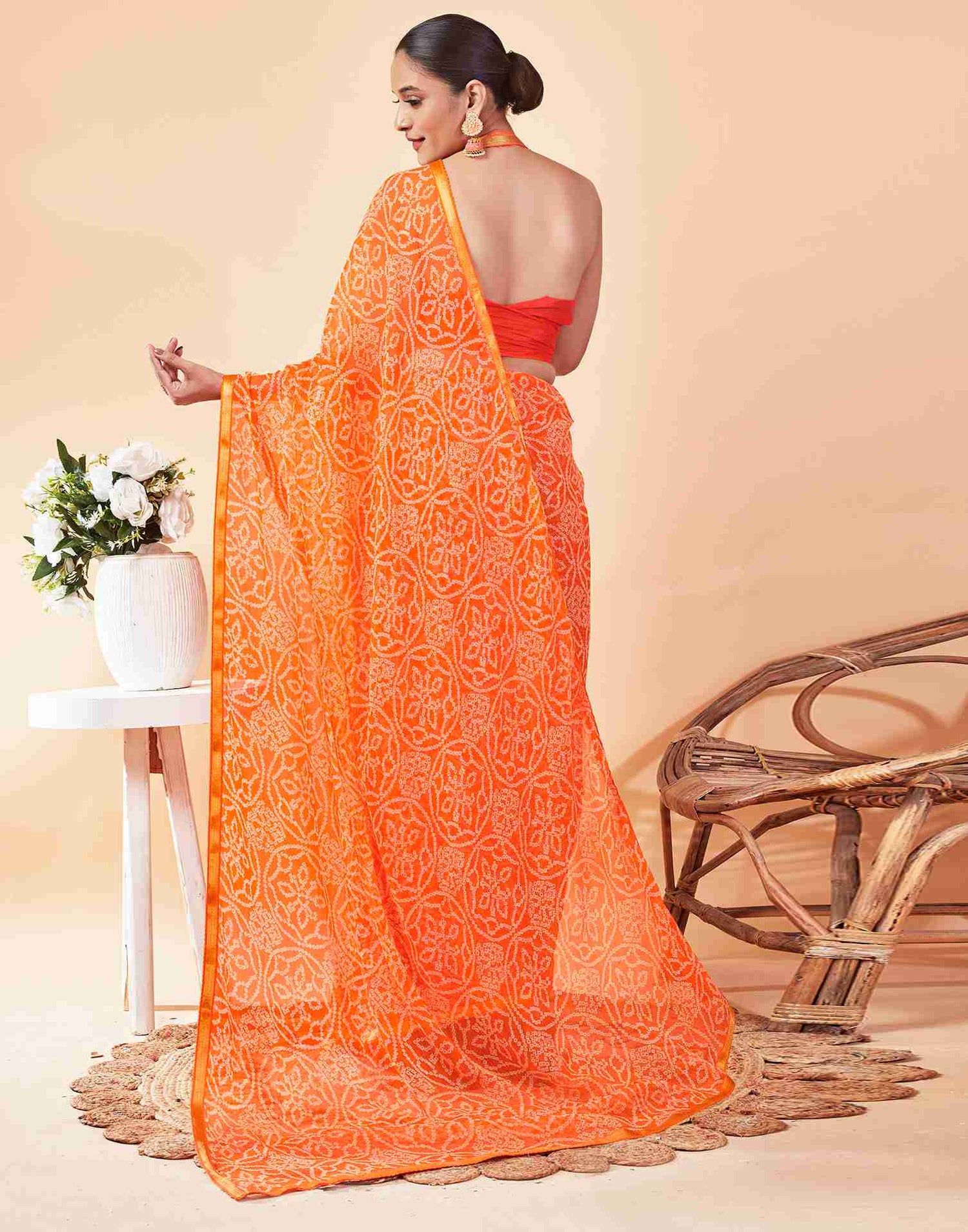 Orange Chiffon Printed Saree