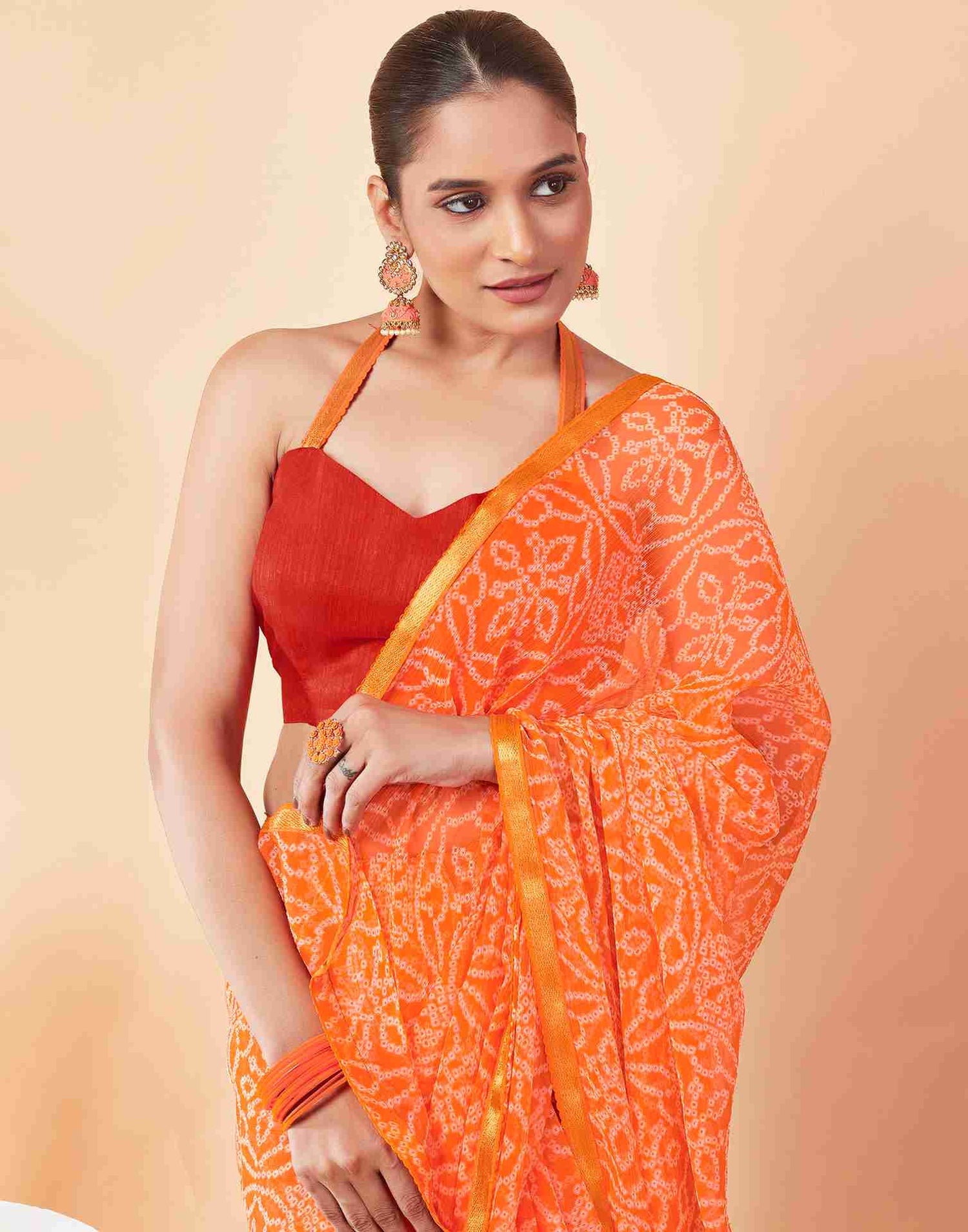 Orange Chiffon Printed Saree