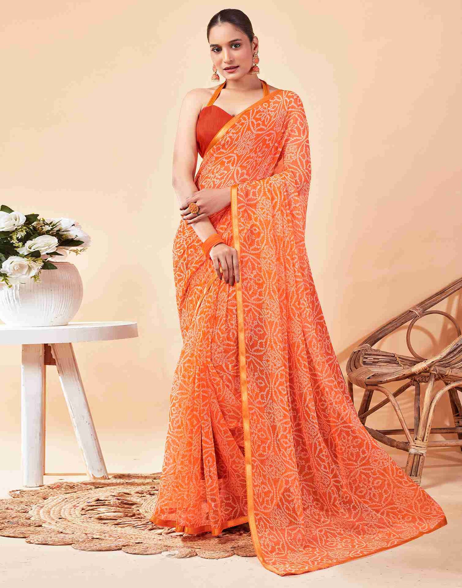 Orange Chiffon Printed Saree