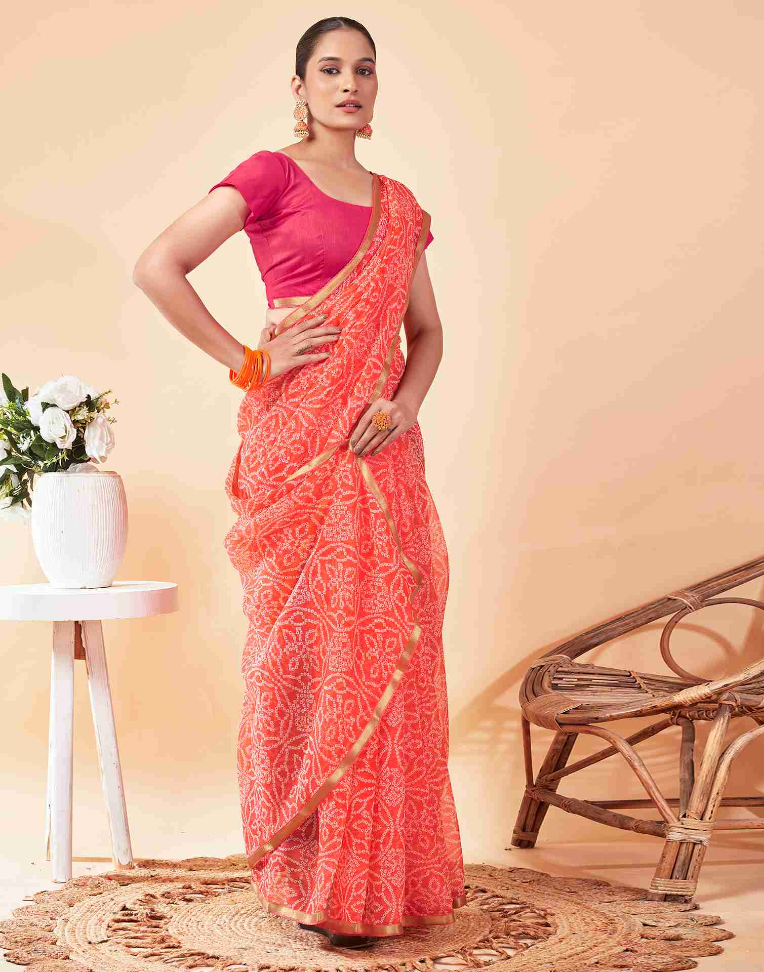 Peach Chiffon Printed Saree