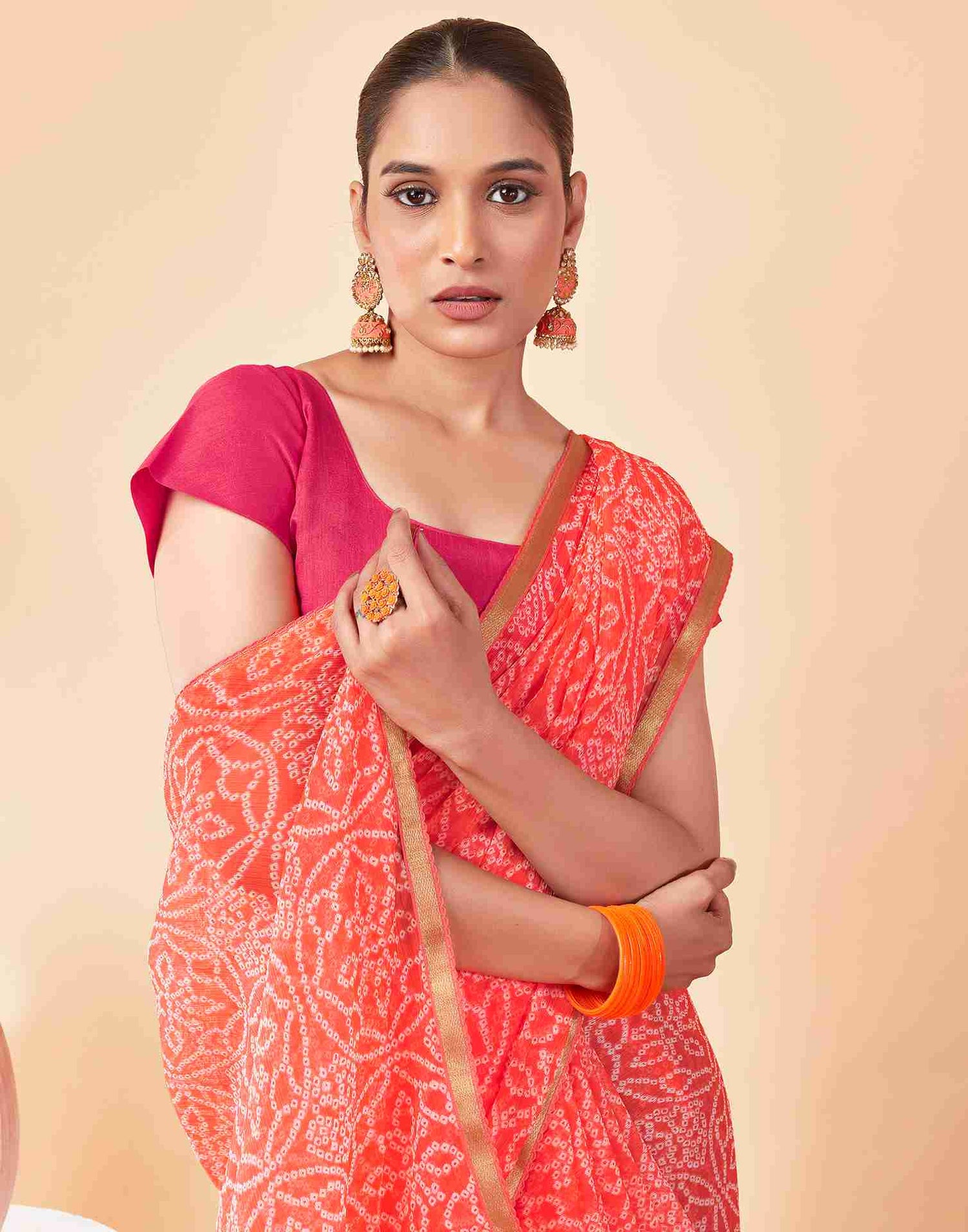 Peach Chiffon Printed Saree