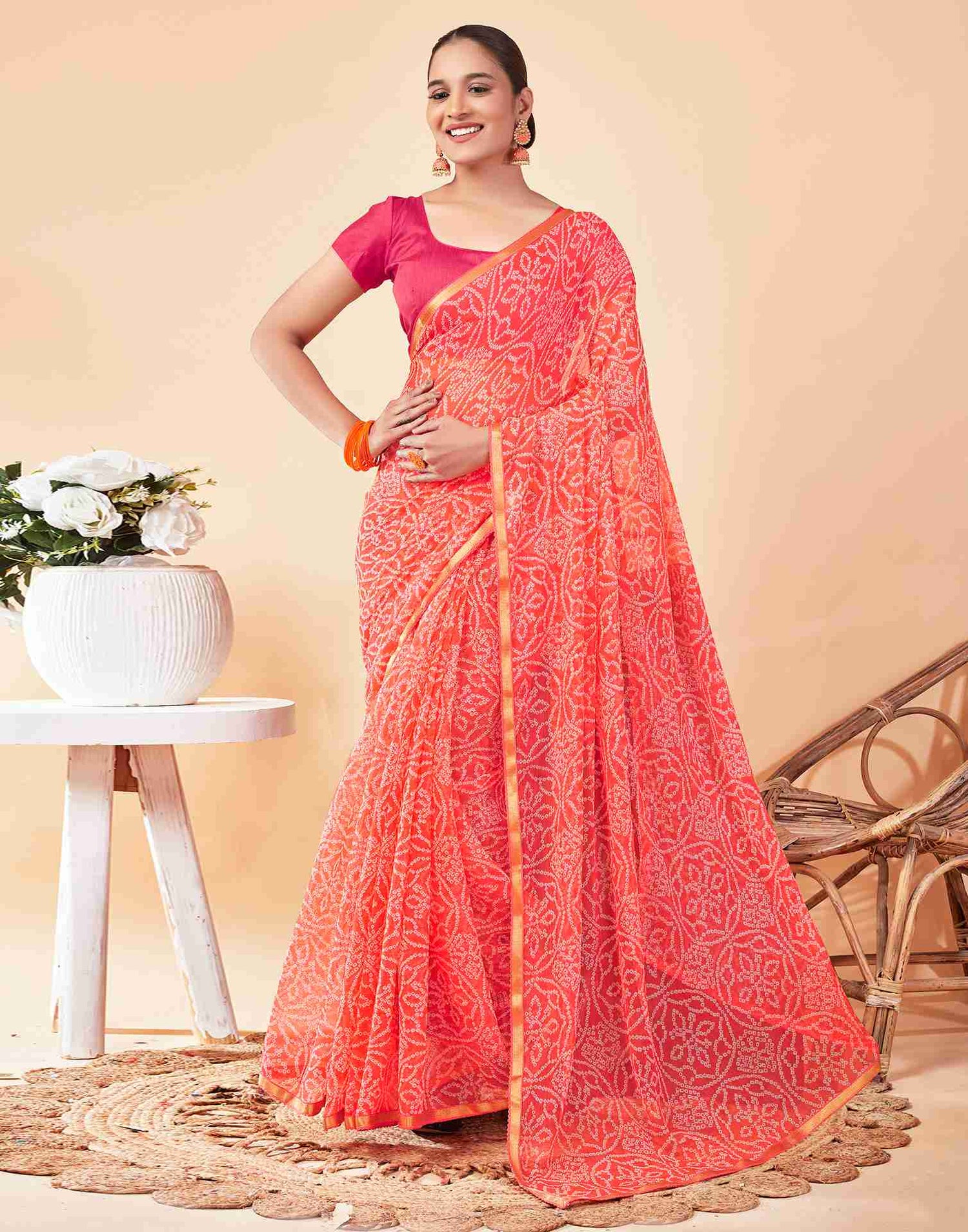 Peach Chiffon Printed Saree