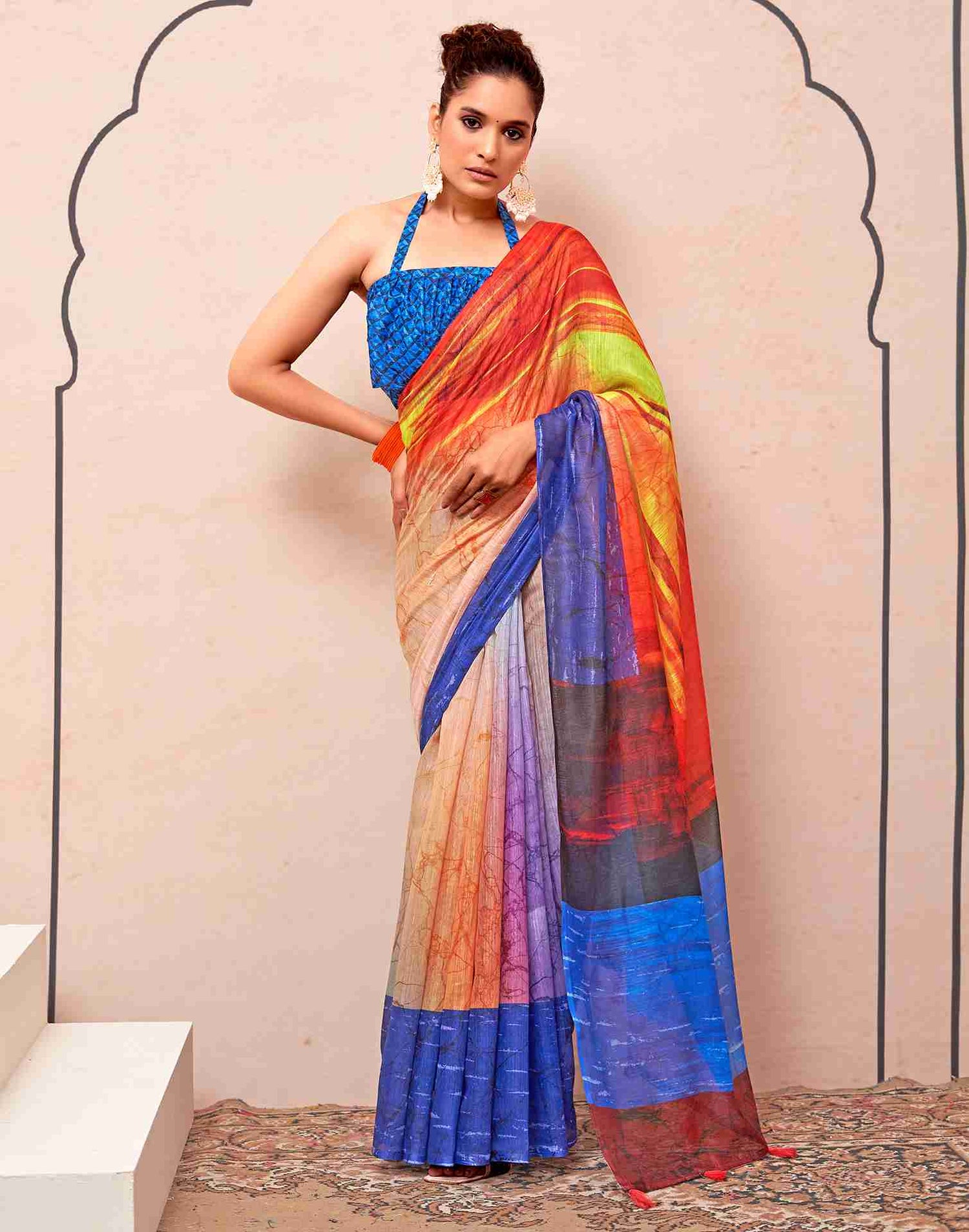 Blue Cotton Printed Saree