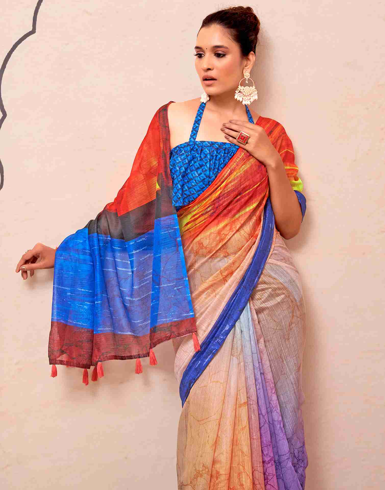 Blue Cotton Printed Saree