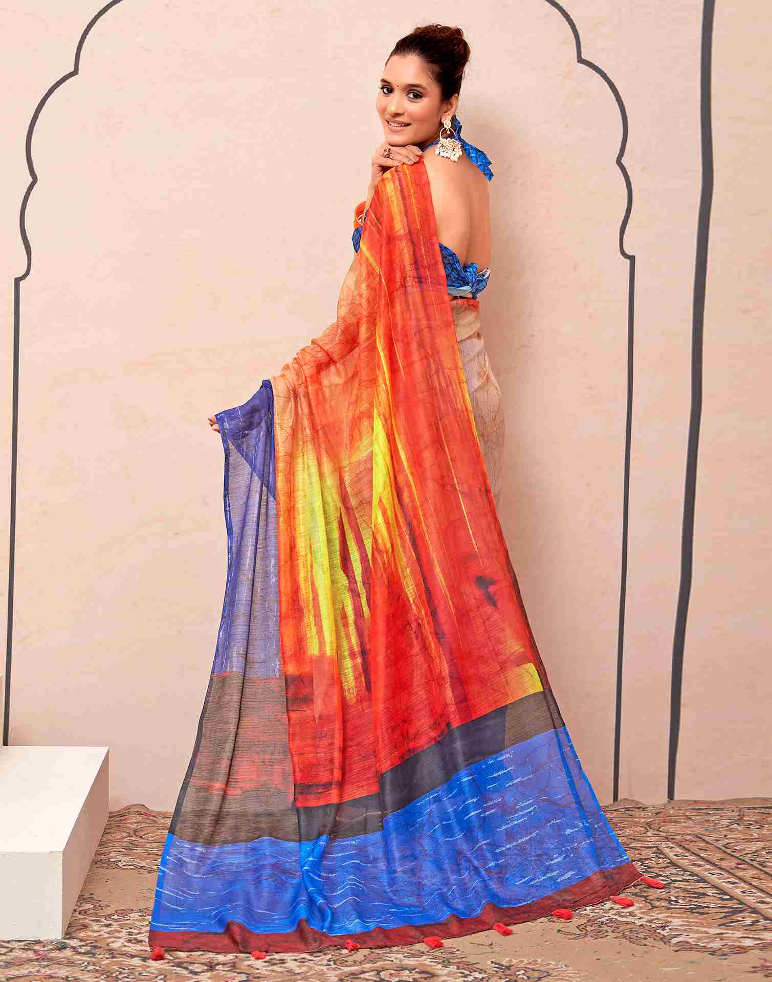 Blue Cotton Printed Saree