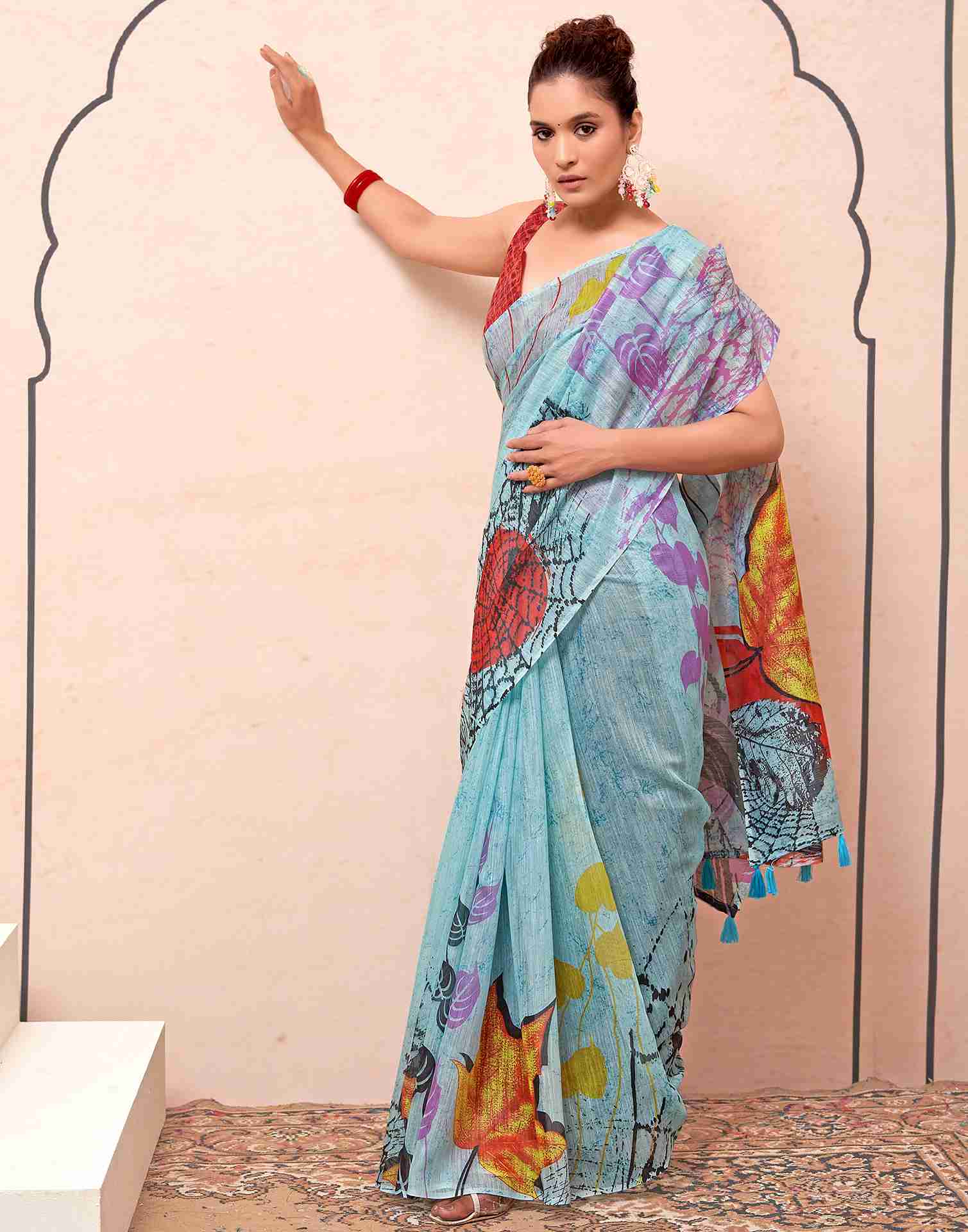 Blue Cotton Printed Saree