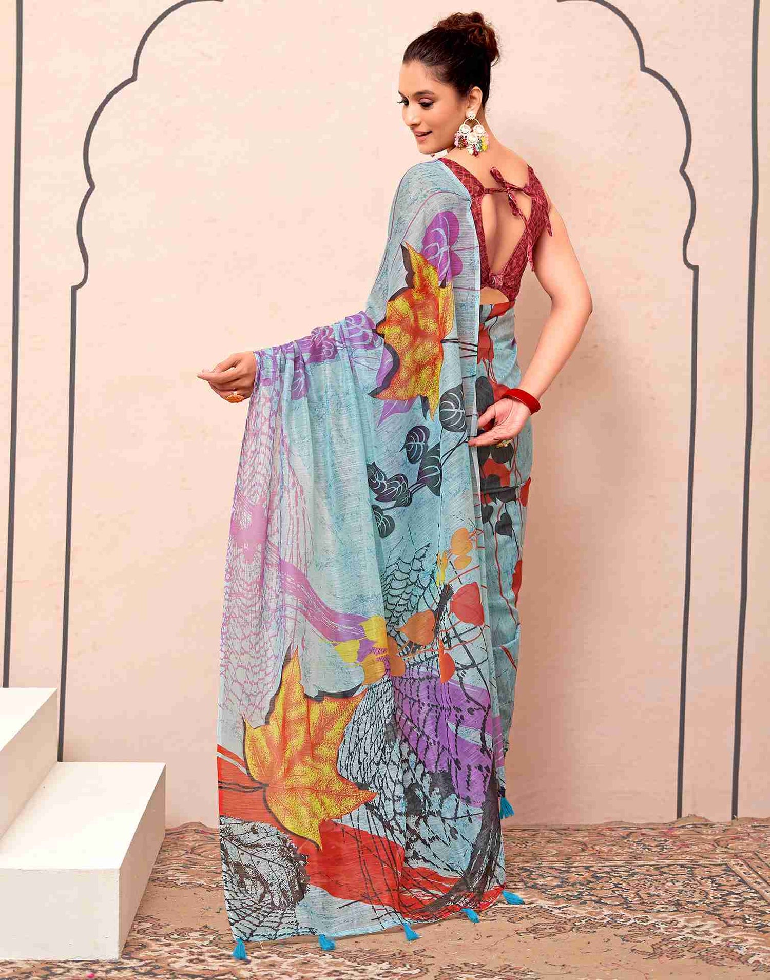 Blue Cotton Printed Saree