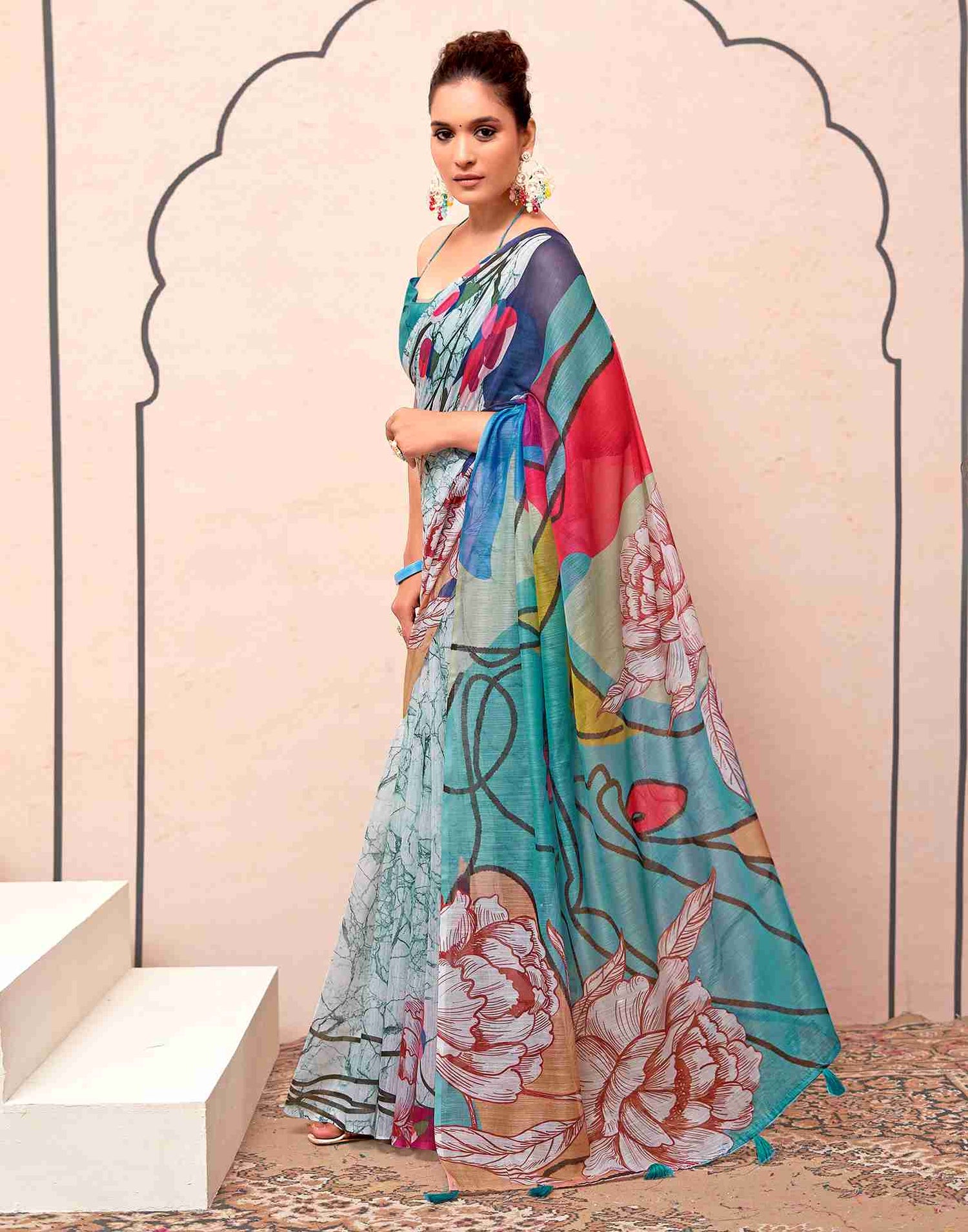 Turquoise Cotton Printed Saree