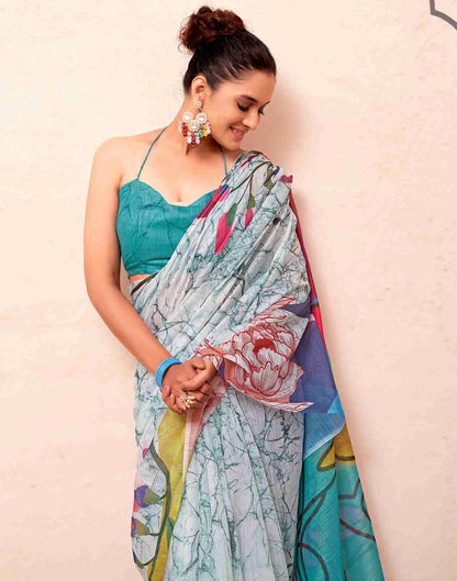 Turquoise Cotton Printed Saree