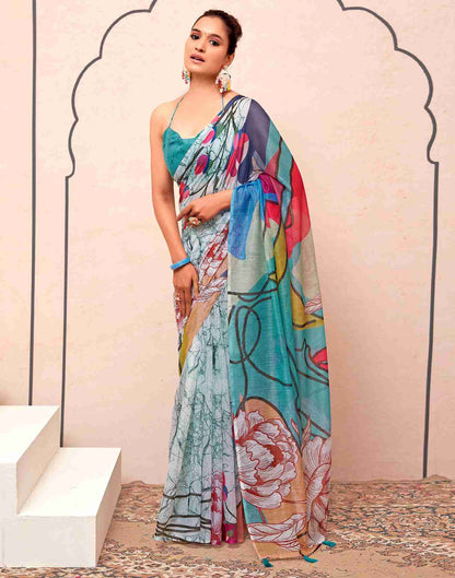 Turquoise Cotton Printed Saree