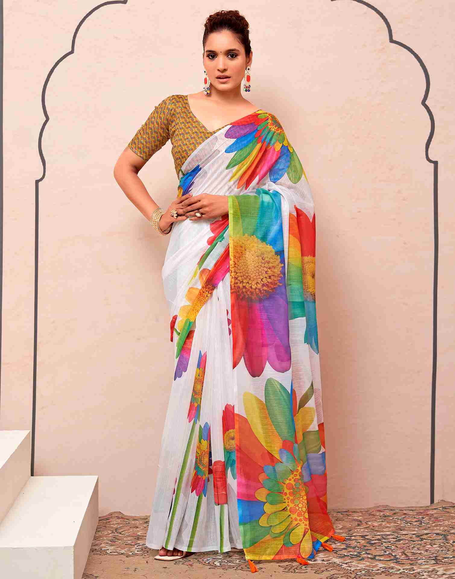 White Cotton Printed Saree