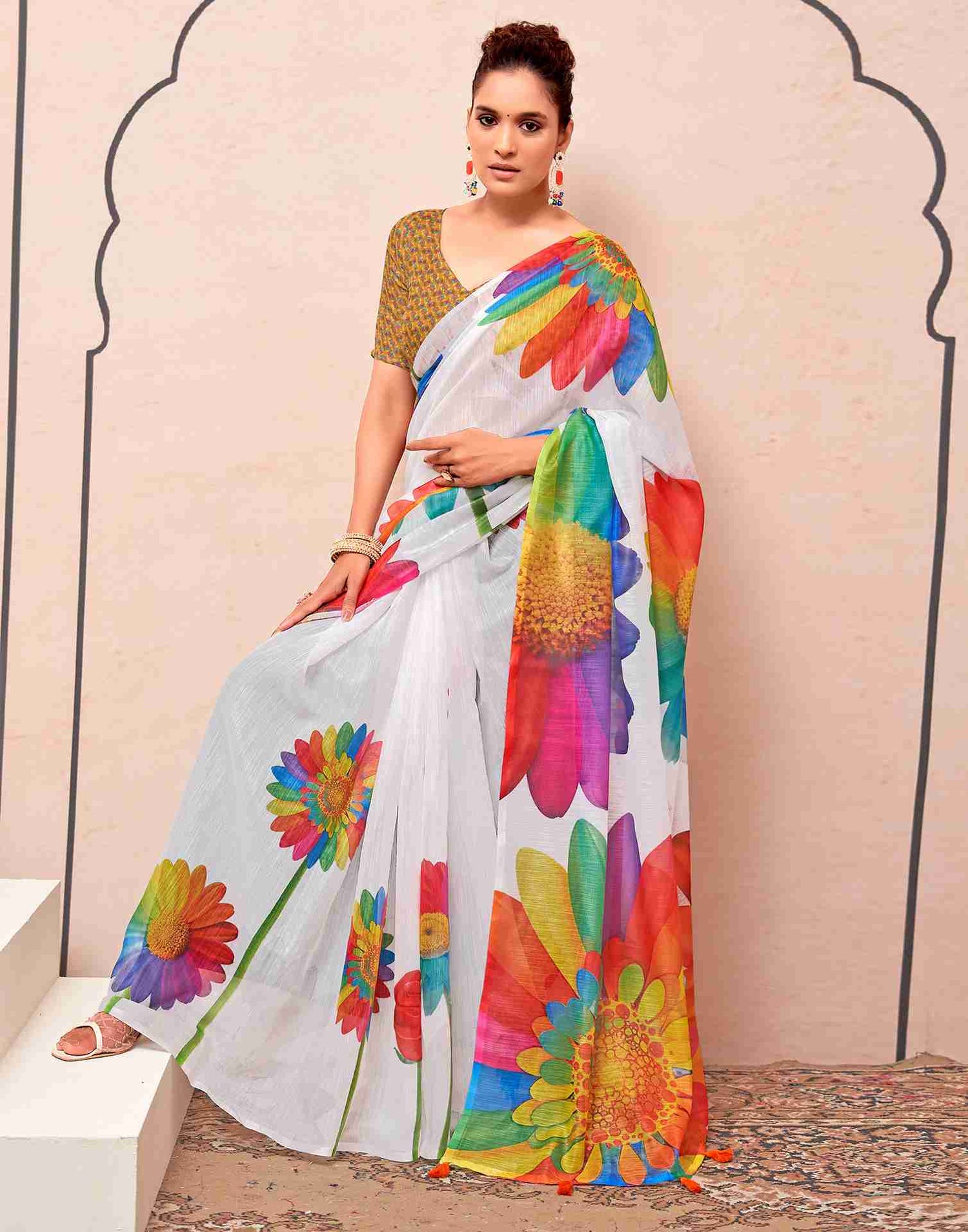 White Cotton Printed Saree