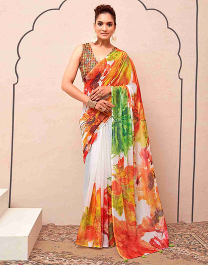 White Cotton Printed Saree